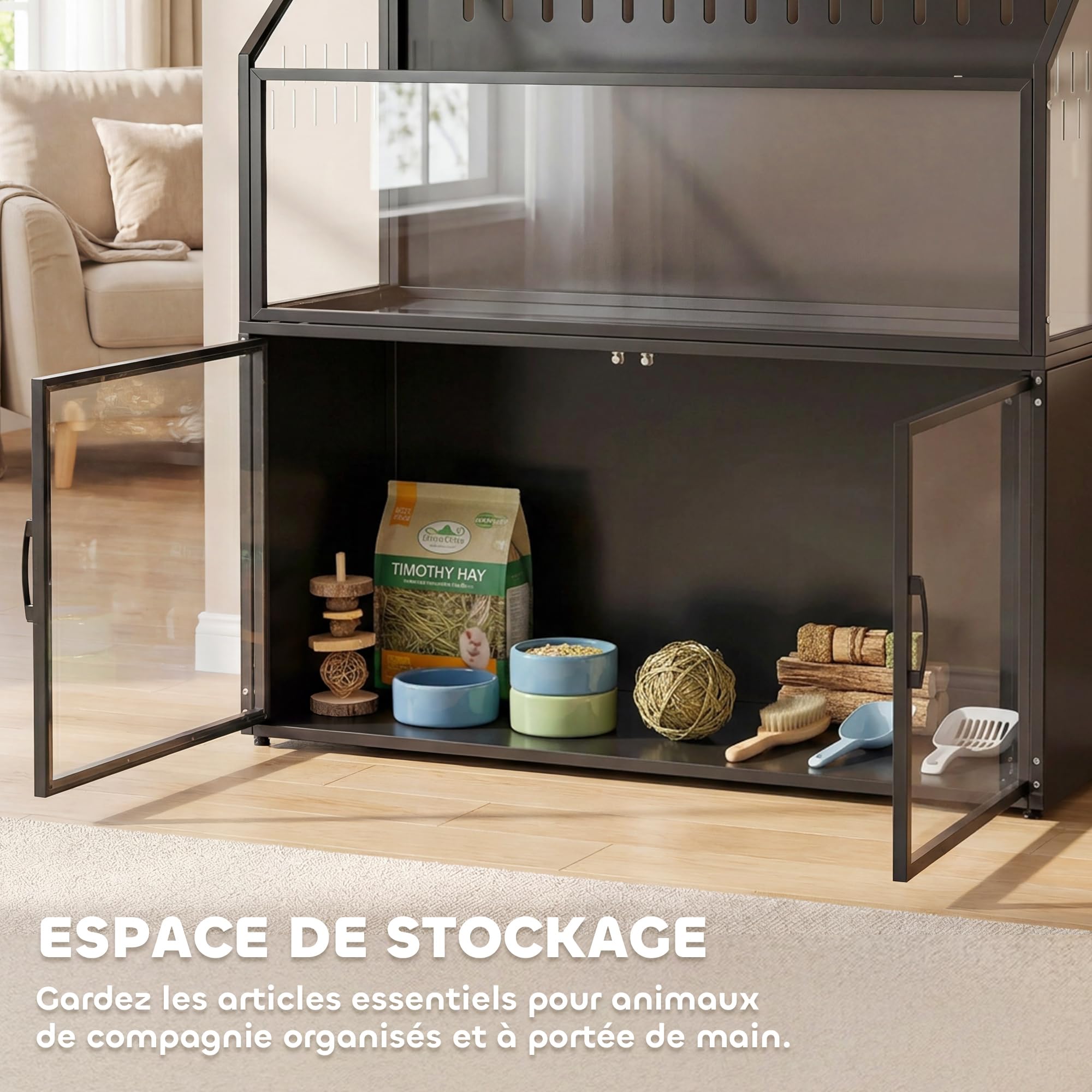 PawHut - Jaula de hámster 2 en 1 con armario de almacenamiento de habitaciones, 104 cm, color negro | Para roedor, acero resistente a las picaduras, acrílico transparente, diseño de jaula grande, para hámster sirio y ratón