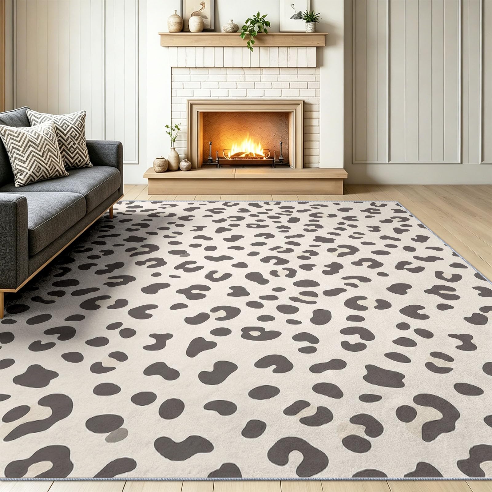Creme Abstrakt Tier Leopardenmuster Teppich Waschbar Junge Mädchen120 x 180 cm - rutschfest Pflegeleicht Teppich Modern Minimalistisch, für Spielzimmer Jugendzimmer