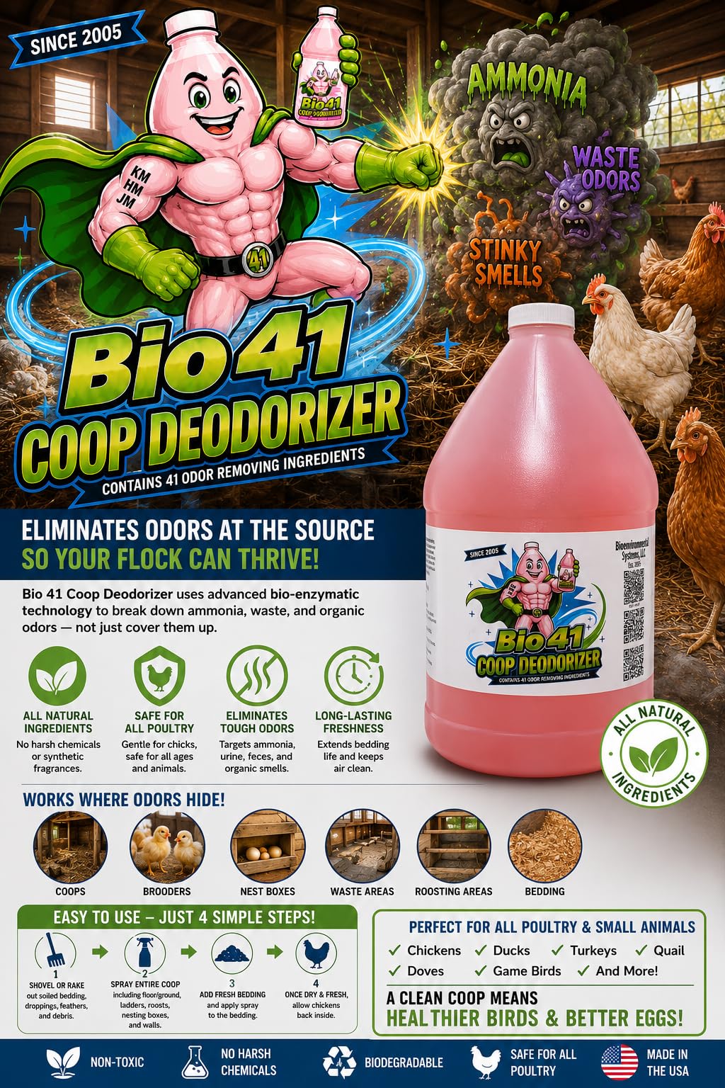 Desodorante de gallinero, todos los ingredientes naturales para el control de amoníaco y eliminador de olores para aves de corral, funciona en cocineros, criadoras, cajas siguientes, áreas de desechos