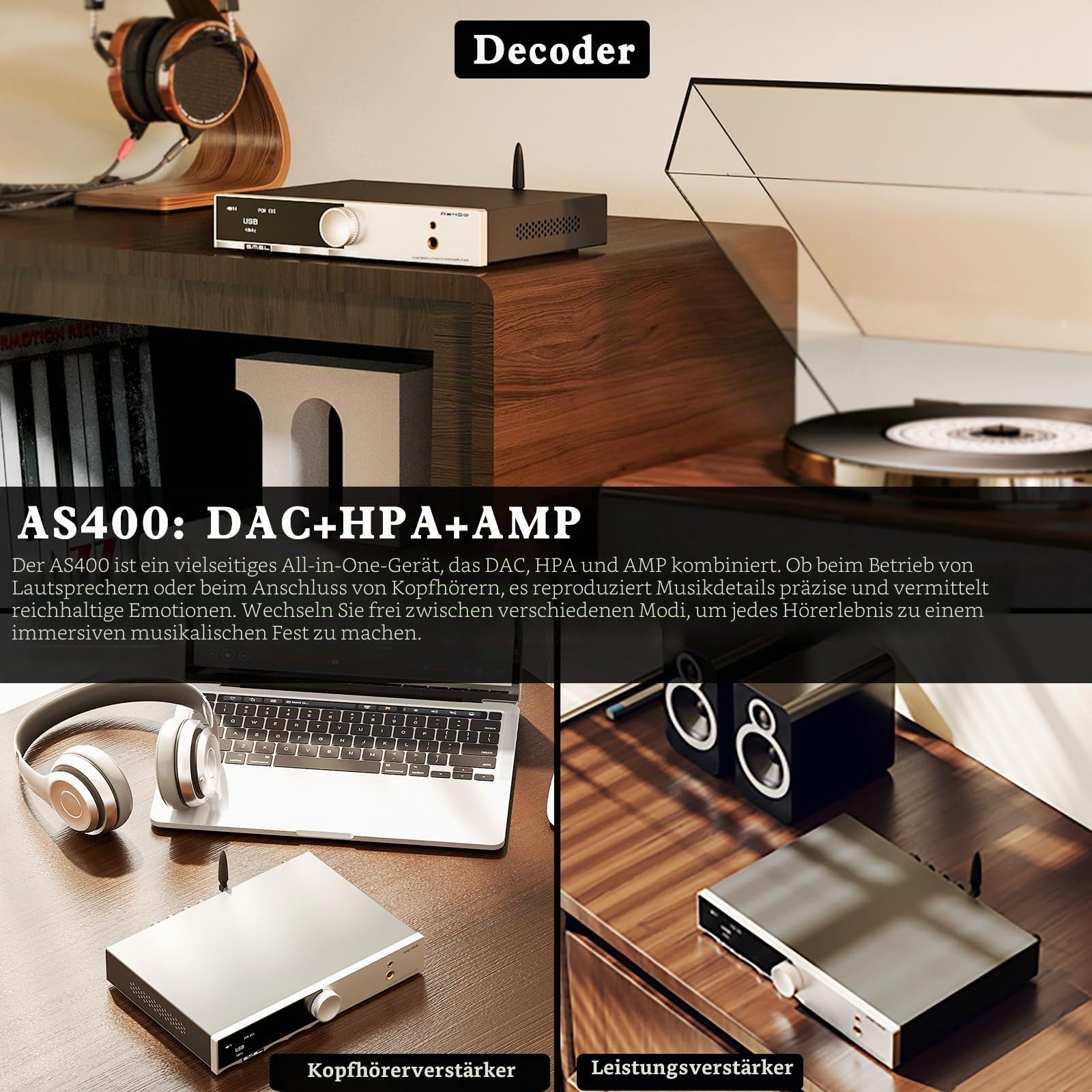 SMSL AS400 HiFi Verstärker DAC Kopfhörerverstärker 165W X2 MA5332MS/CS43131 Chip Bluetooth Class D Amp Phono Vorverstärker 4,4/6,35 Kopfhöre RCA/BT/USB/Opt/Coax/Phono/12S Eingang 2.1 Kanal/Subwoofer