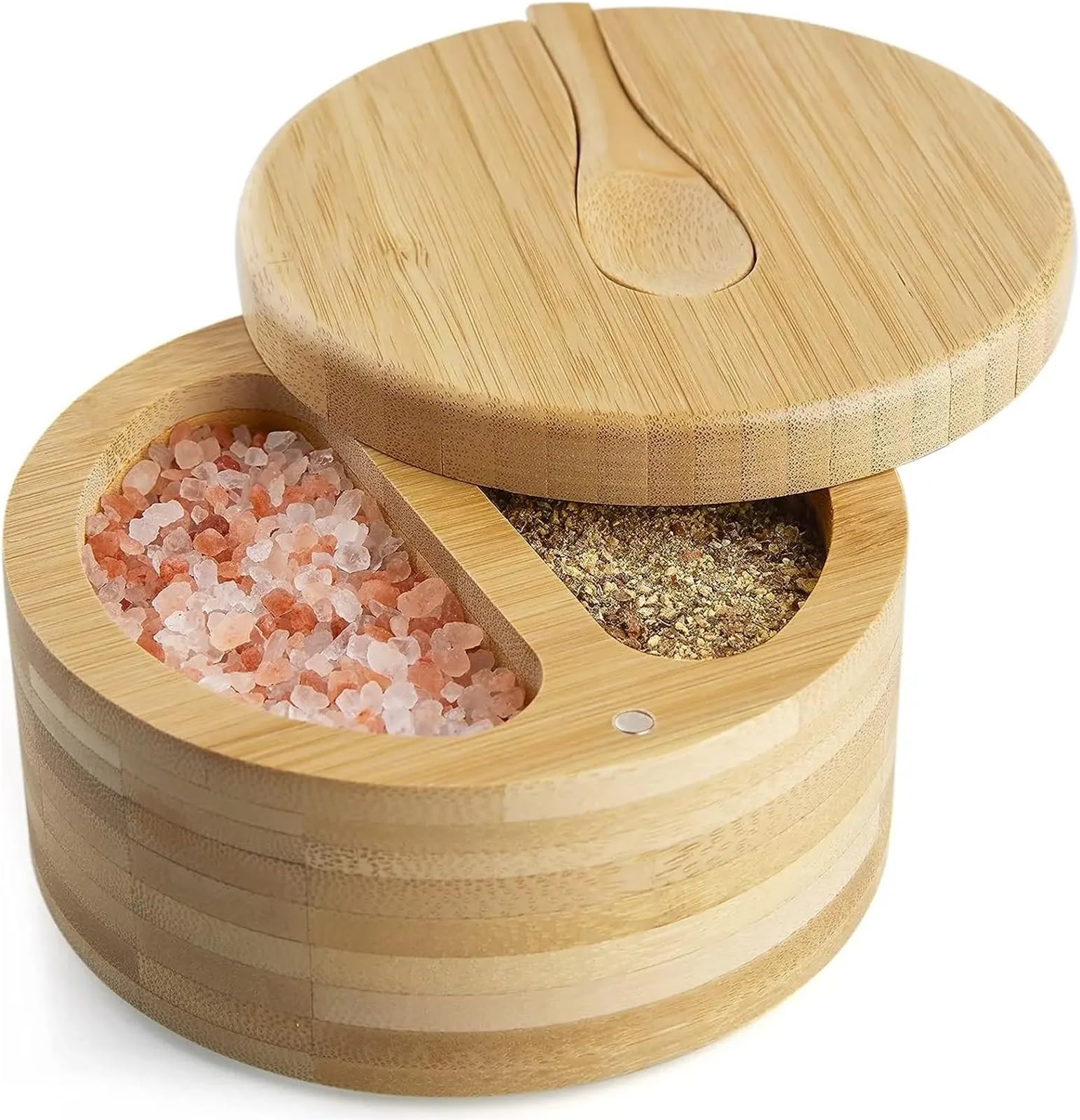 UBOHUZ 2Pcs Salt Cellar Kitchen Box with Swivel Magnetic Closure Lid Round Container to Storage Pepper Spice for Salt Sugar Spice Pepper(Big with spoon B)