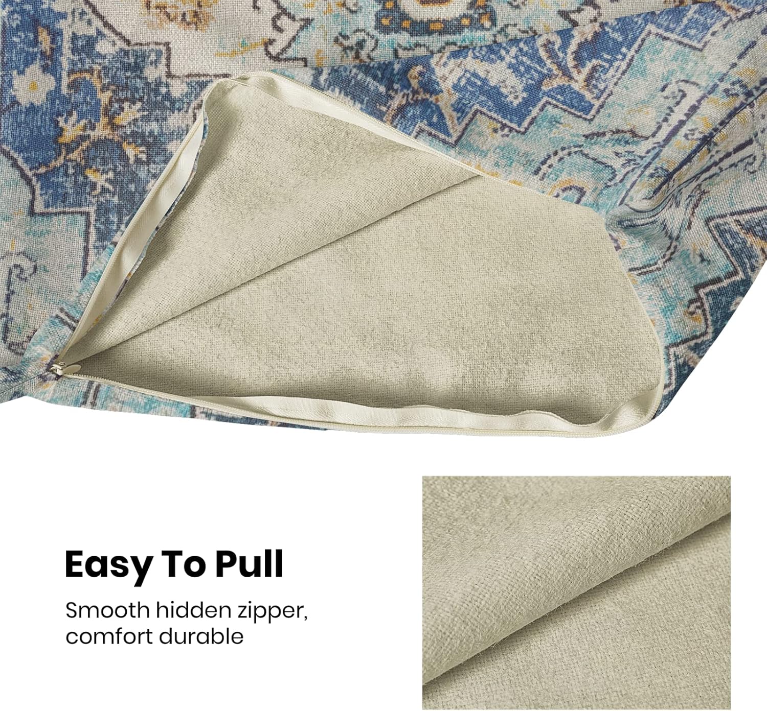 Boho Pillow Covers 18x18 Set of 2, Blue Yellow Carpet Pattern Decorative Throw Pillows Linen Ethnic Design Farmhouse Cushion Pillow Covers for Sofa Couch Outdoor Decor - Image 6