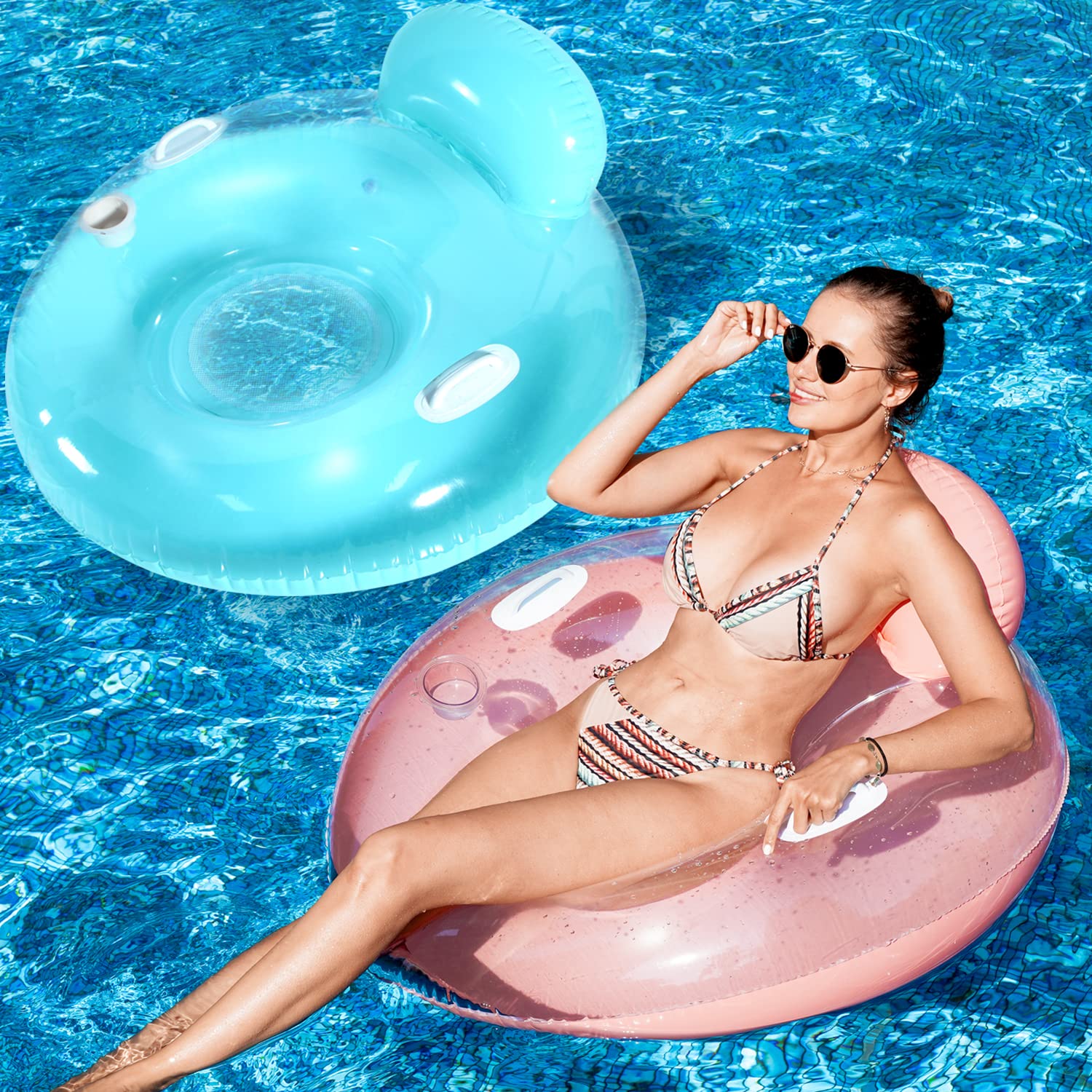 Photo 1 of 2-Pack Pool Floats Chair with Backrest, Parentswell Inflatable Pool Float Chair, Lake River Pool Floaties for Adults (Blue, Pink)