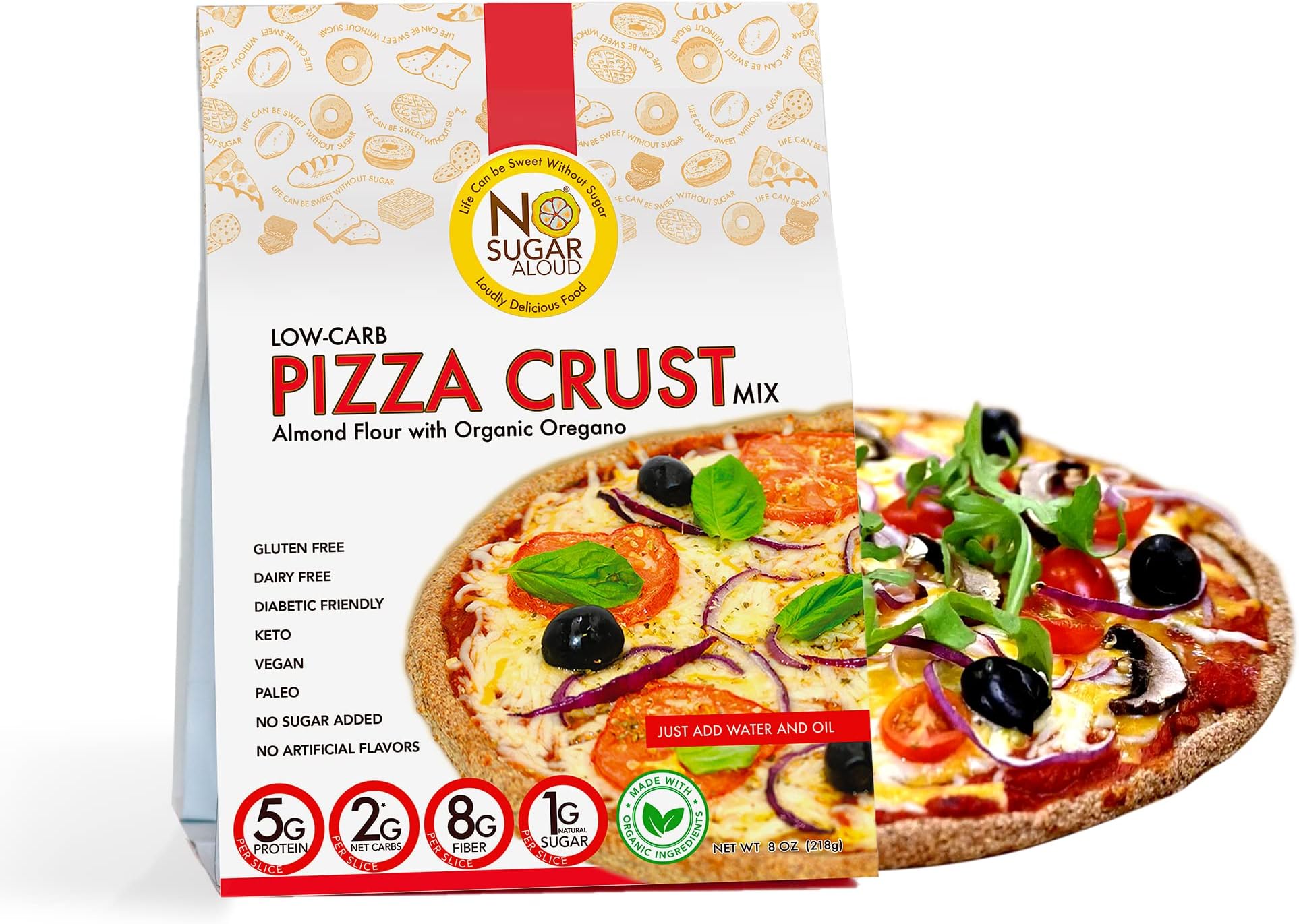 Low Carb Pizza Crust Mix, Gluten-Free & Plant-Based Almond Pizza Dough Mix, High Protein, High Fiber, Natural, No Artificial Flavors, Dairy-Free & Paleo-Friendly, No Added Sugar, 8 oz - No Sugar Aloud