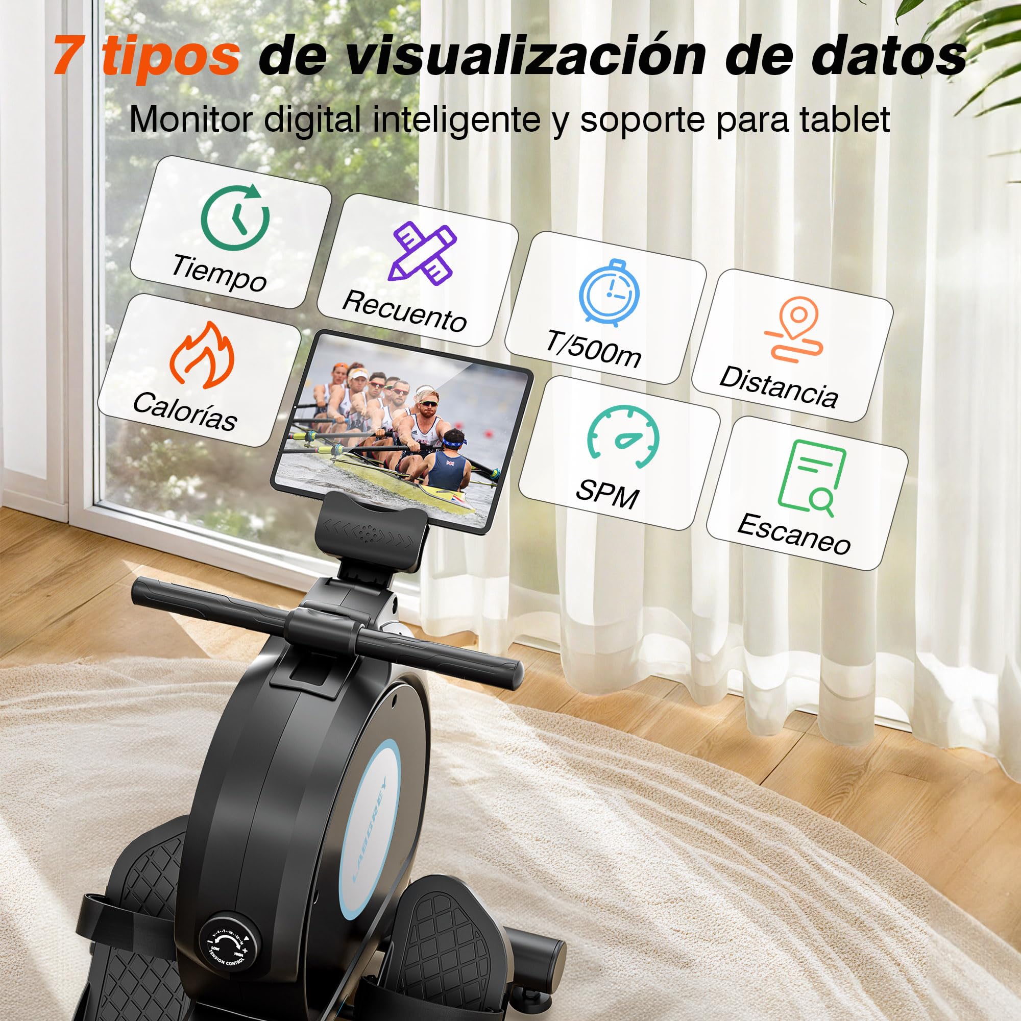 LABGREY Rameur Magnétique D'appartement, Rameur Bluetooth, Écran LCD, Silencieux, Capacité Maximale 158 kg, Idéal pour l’Entraînement Cardio à Domicile
