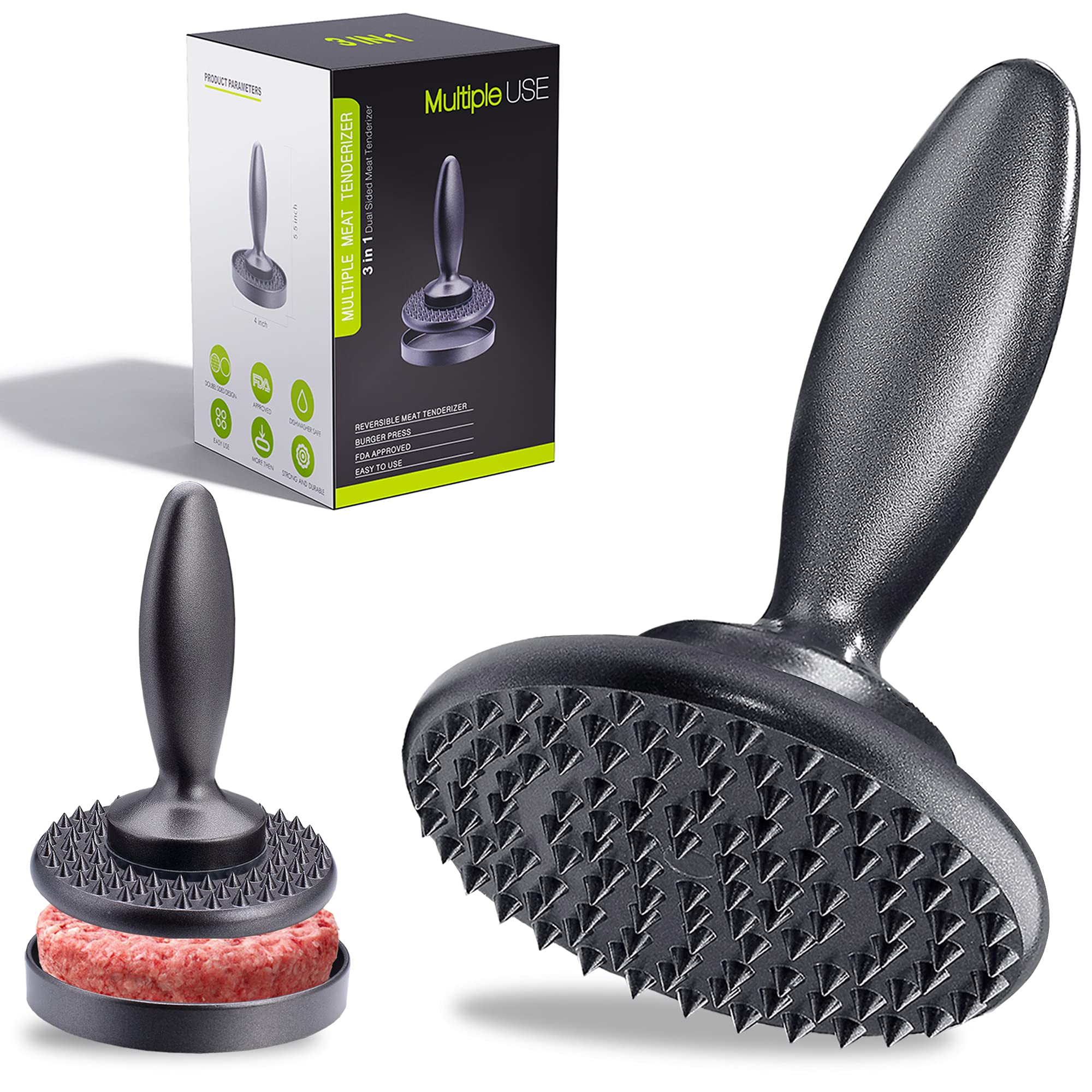 Meat Tenderizer, 3-in-1 Reversible Meat Tenderizer Tool and Pounder Dual Sided Meat Mallet, Burger Press Patty Maker, Tenderize Steak Pork Chicken and Easy To Clean