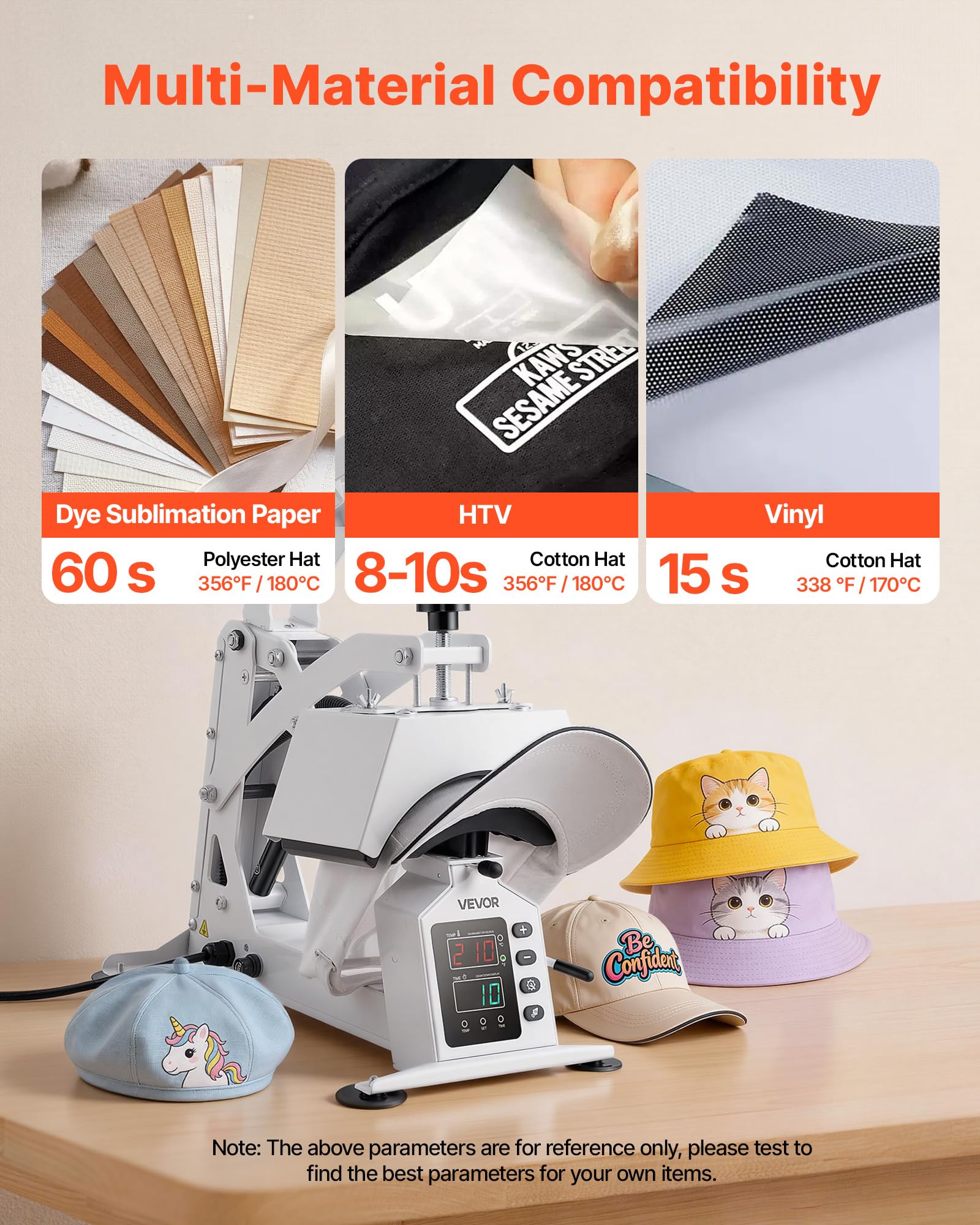 VEVOR Pressa a Caldo per Cappelli, Pressa per Trasferimento Termico di Cappelli 580 W Fai-da-Te Piastra Riscaldante 215 x 100 mm per Pressa Termica, Macchina per Pressatura Caldo Controllo LED