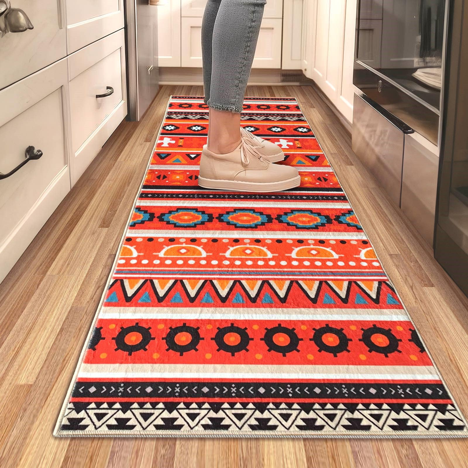 ComfyDwel Boho 2'X6' Red Runner Rug for Kitchen Floor Non-Slip Rubber Backing Vintage Floral Door Mats Washable Flower Area Rug for Kitchen
