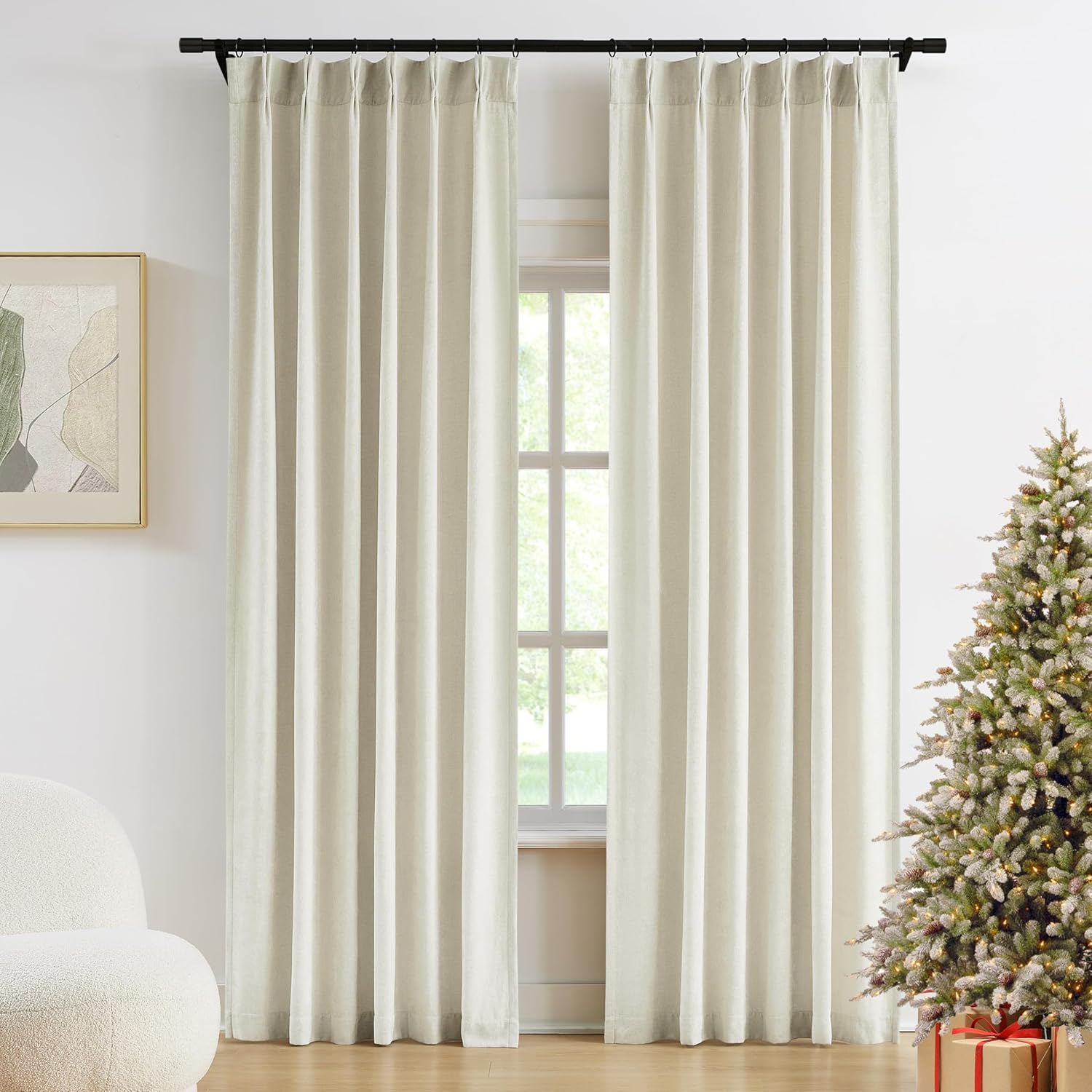 Vision Home Ivory Beige Pinch Pleated Curtains Velvet Chenille Light Filtering Window Curtains 95 inches for Living Room Bedroom Semi Sheer Pinch Pleat Drapes with Hooks 2 Panels 36" Wx95L,Pearl