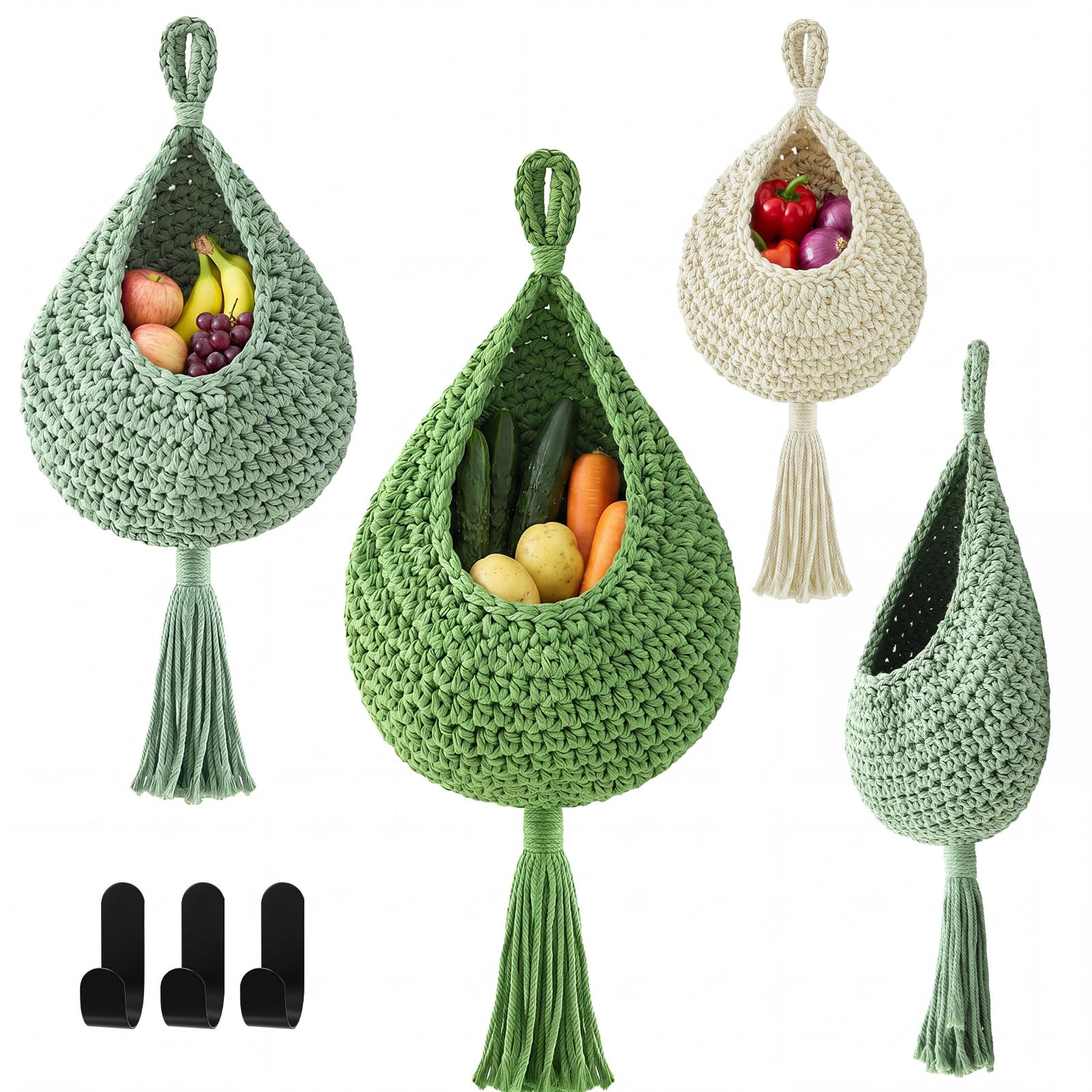 Honeydak 3 Hanging Baskets, Sage Green Mix, Tassel Teardrop