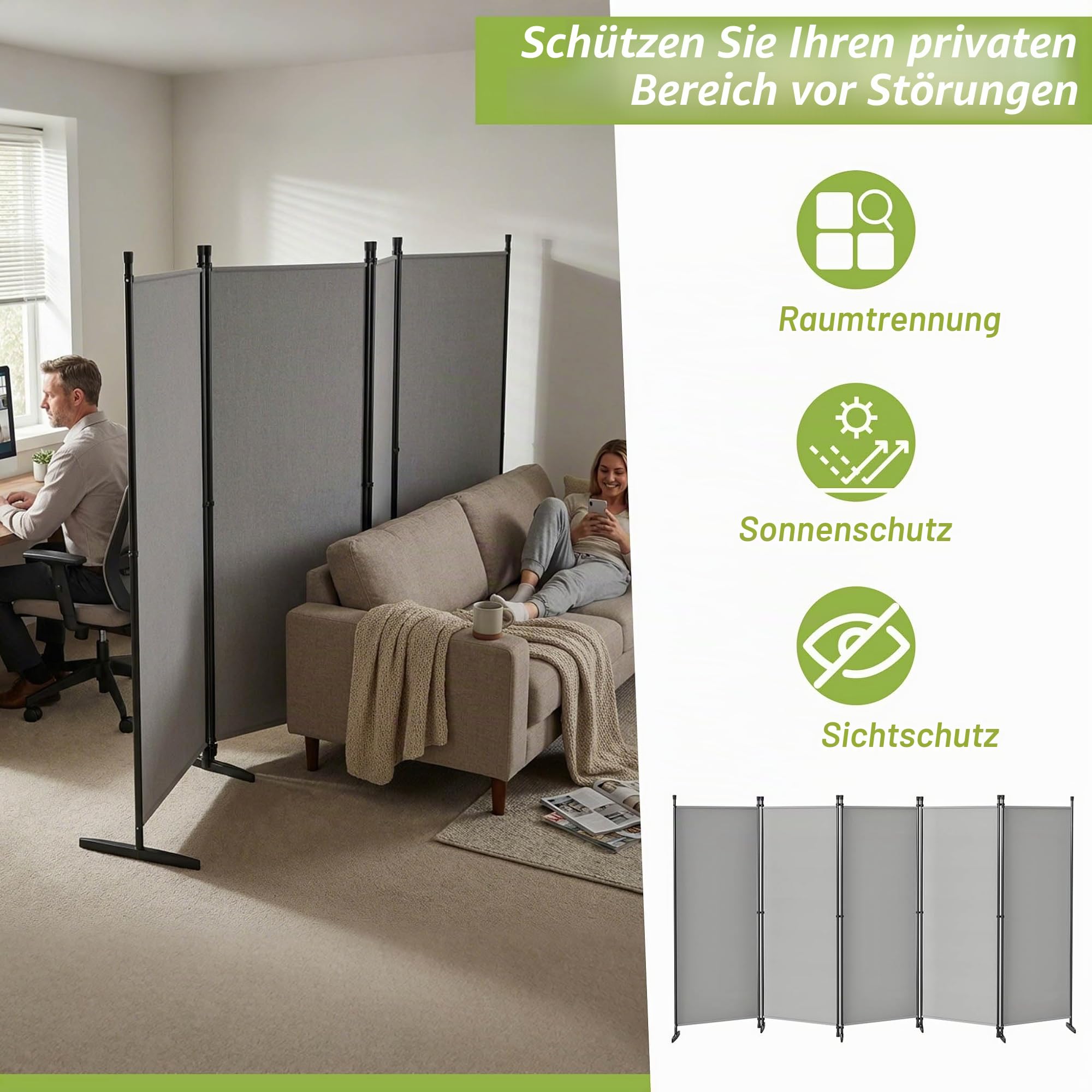 UISEBRT Paravent Outdoor wetterfest mit Heringen und Abspannleinen,Klappbar Freistehend Trennwand ohne Bohren,mobiler sichtschutz für Garten Balkon terrasse,4 Teilig 320 x 180 cm Hellgrau