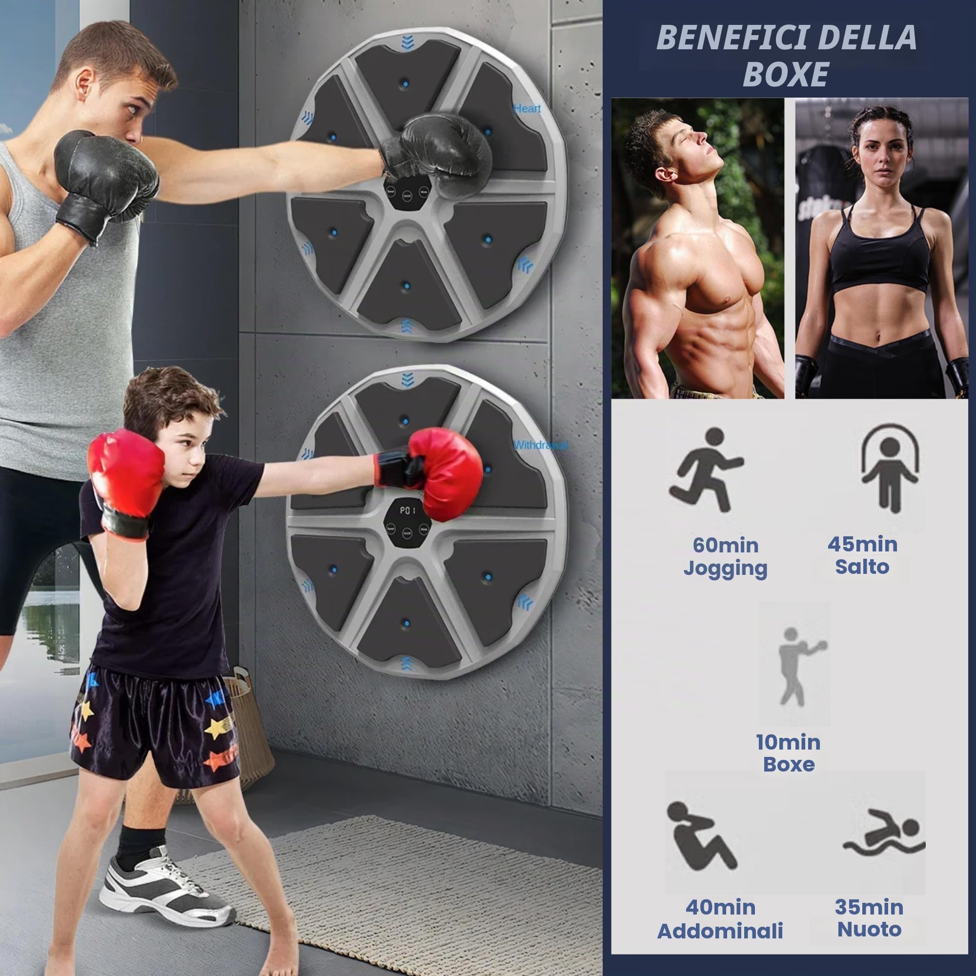 MAGIC SELECT Macchina da Boxe Musicale, Attrezzatura da Allenamento per Boxe a Parete in PU con Guantoni da Boxe, Pad da Boxe a LED, Bluetooth, Luci al Ritmo della Musica. (2 Mode, 43x43x4 cm)