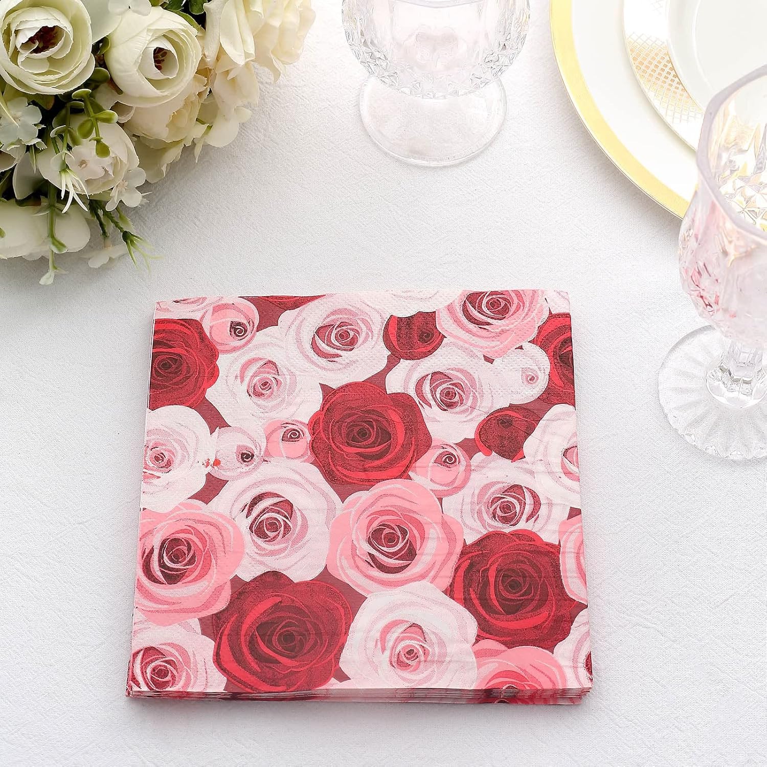 Efavormart 50 Pack 2 Ply Soft Red/Pink Floral Design Paper Beverage Napkins, Rose