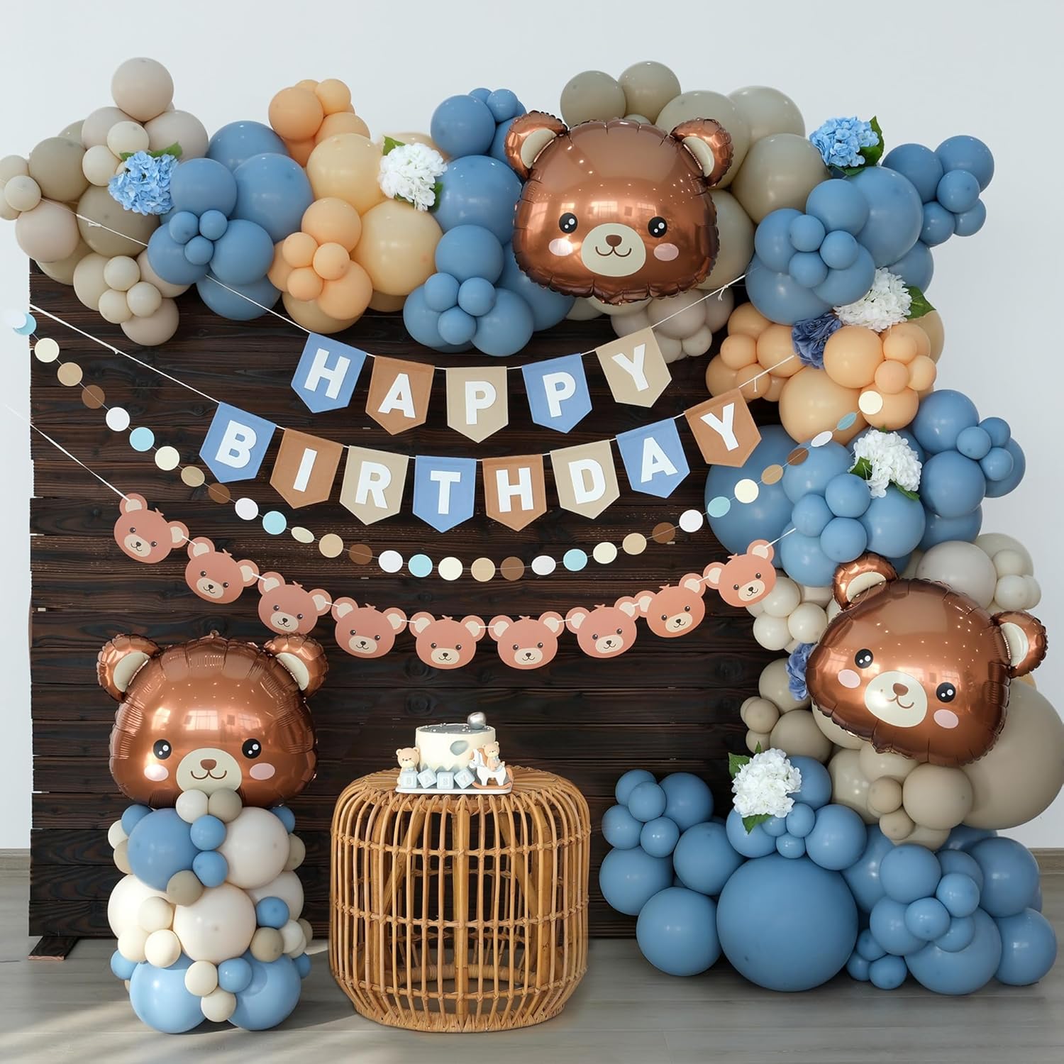 Bear Birthday Balloon Arch Kit For Baby Boy Blue Khaki And Brown Balloons Decorations Set Happy Birthday Banner Bear Theme Decor