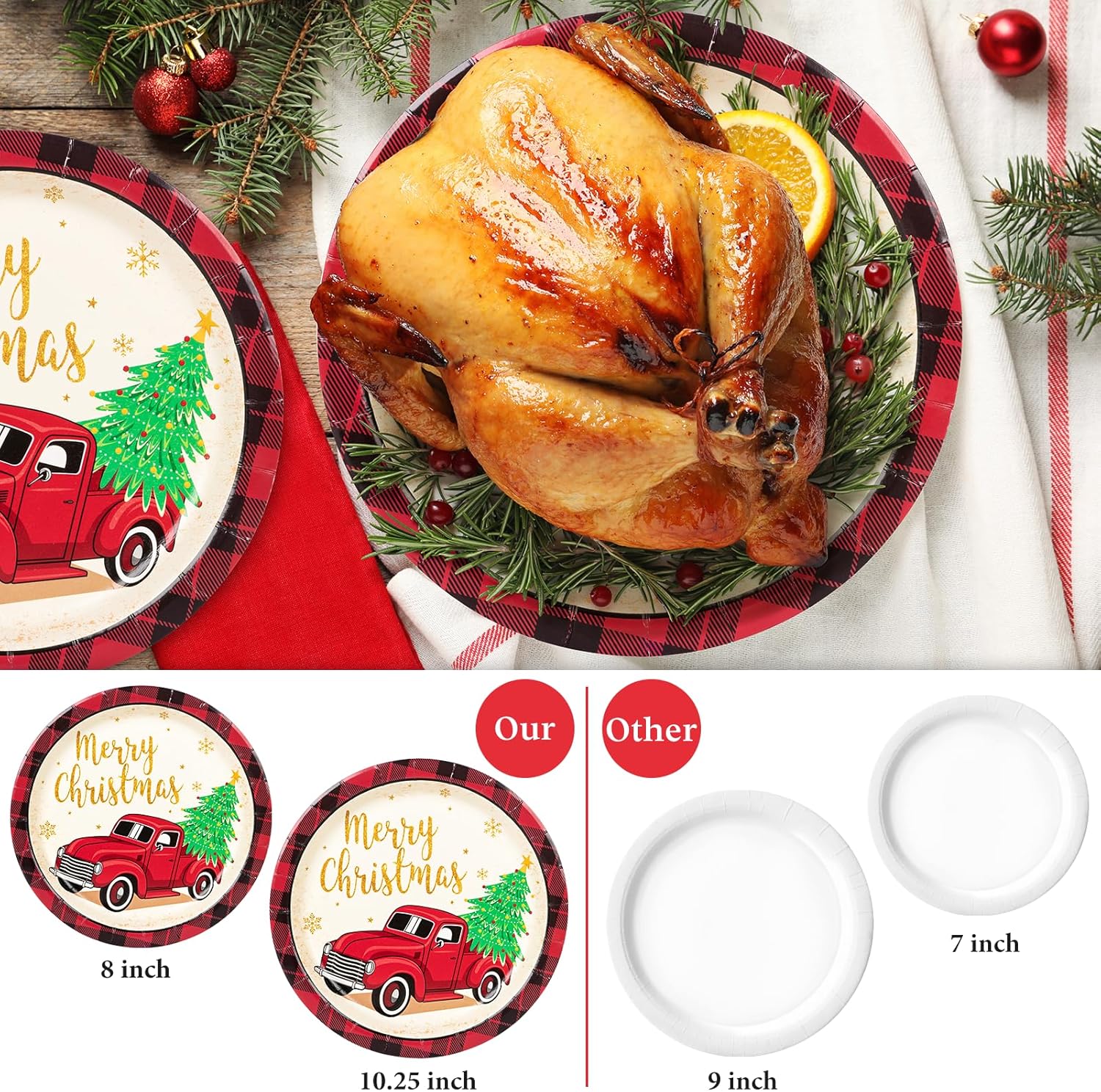 Festive Red and Gold Christmas Dinnerware Set with Plaid Napkins