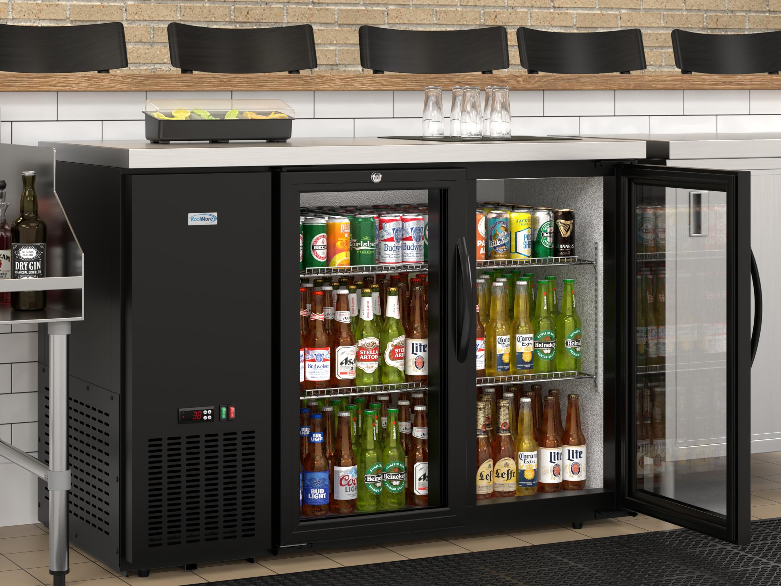 KoolMore 47 In. Commercial Two Glass Door Back Bar Refrigerator Cooler For Beer Bottle & Can Storage With Side Condenser And Compressor, LED Lighting, 11 Cu. Ft. Capacity, Etl Listed In Black on Fridge.com - View 2