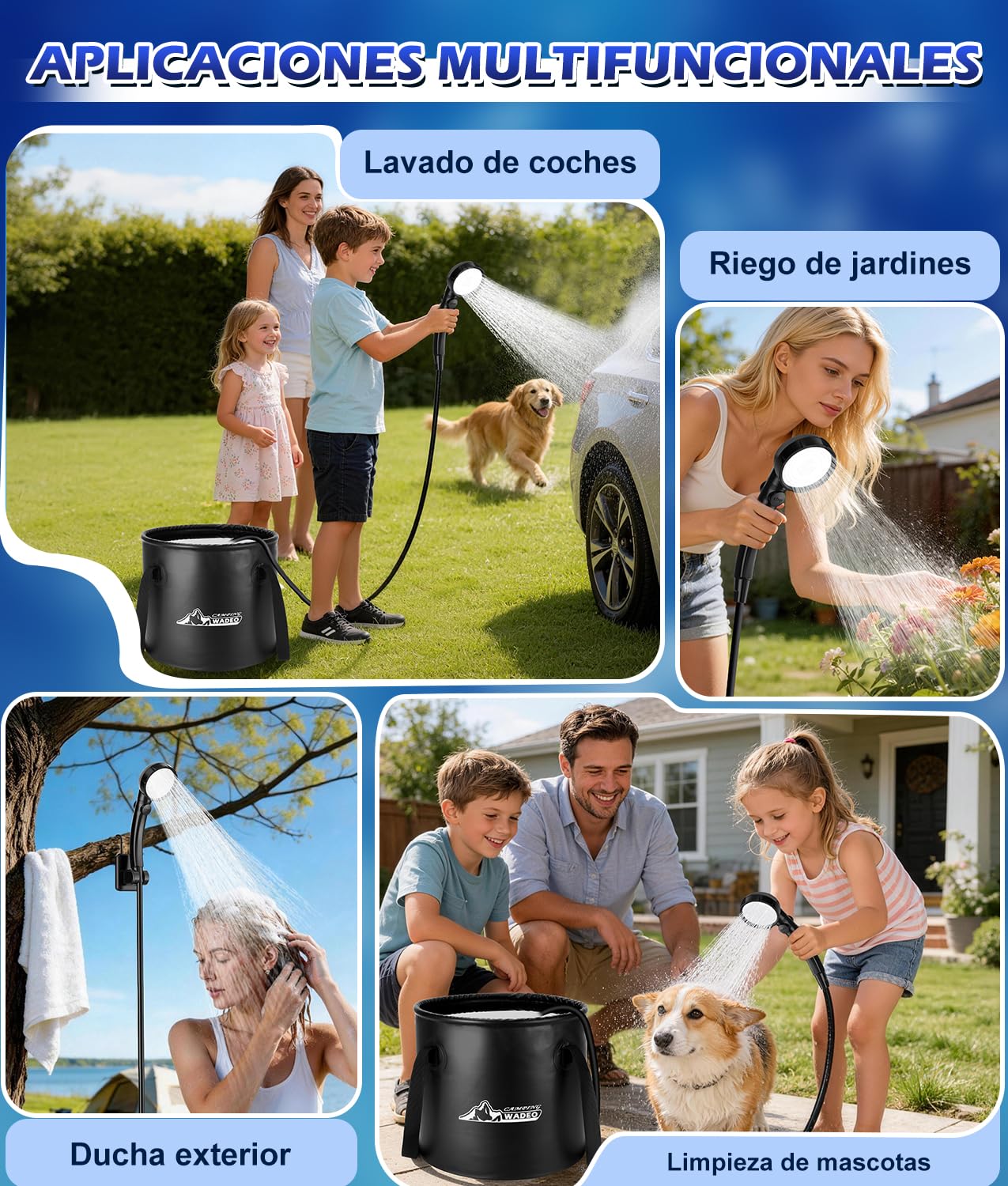WADEO Ducha portátil de Camping con batería de 6000 mAh, Bomba y función de Calentamiento, depósito de Agua Plegable de 20 litros, indicador de Temperatura LED, para Acampada, Viajes y jardín | Uso en camping, Con bomba incluida