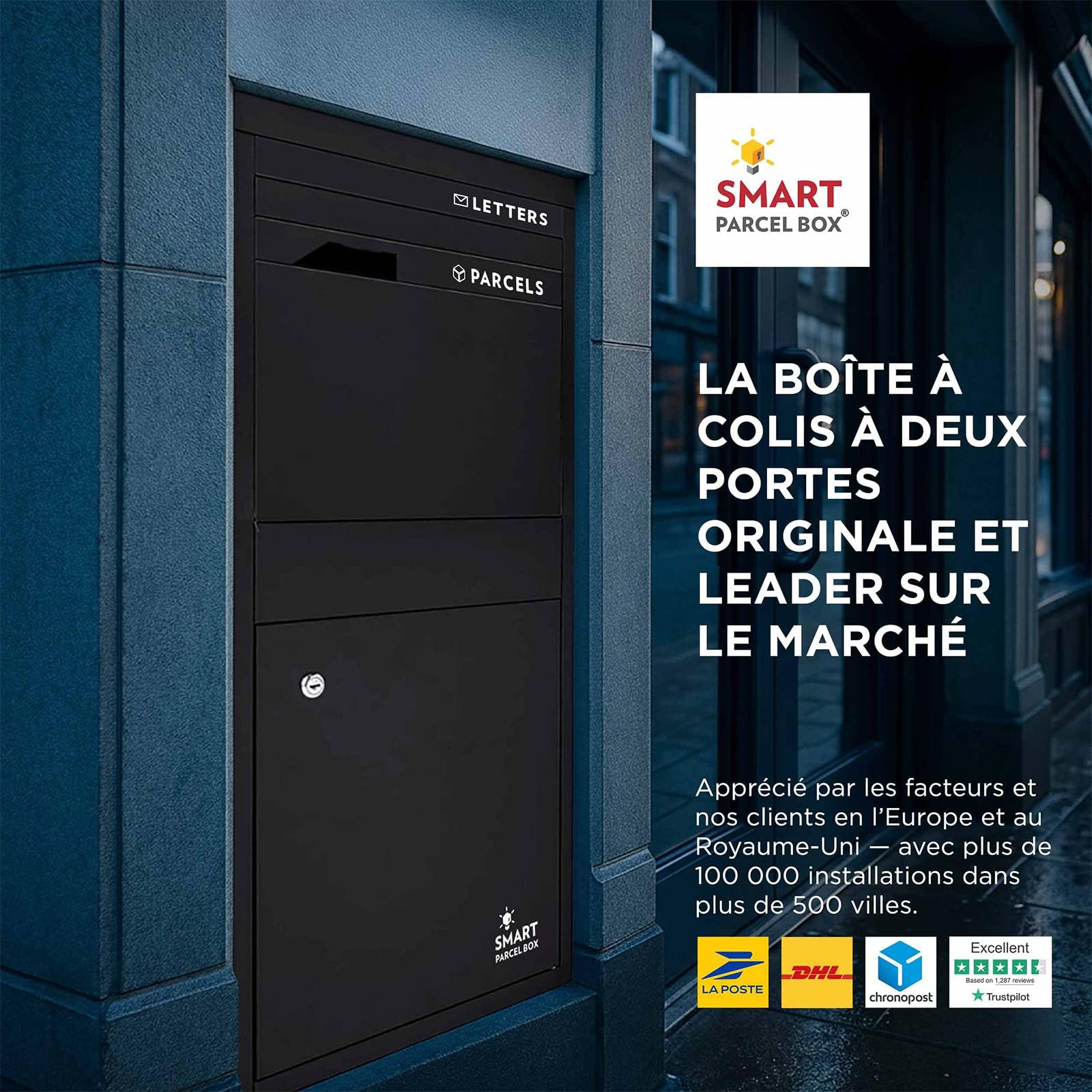 SMART PARCEL BOX Boite aux Lettres 2 Portes, Boite à Colis Extérieur sur Pied, Acier galvanisé, Large, Serrure 3 clés, Noir, 41.5 x 38.5 x 102.5 cm