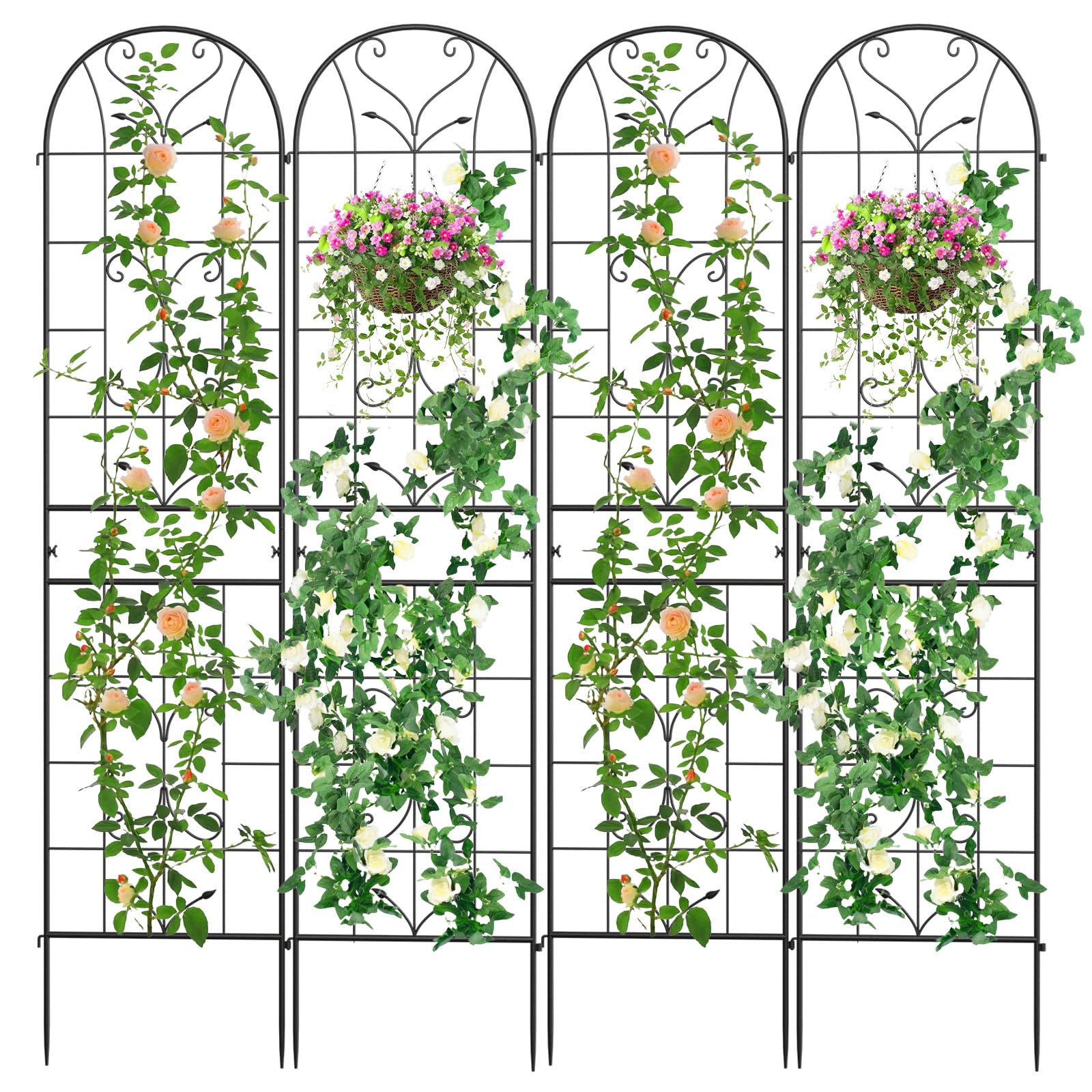 The Fellie 4 Pack 220x50cm Tall Metal Garden Trellis for Climbing Plants Support, Decorative Rustproof Trellis Fence Panels for Climbing Outdoor Plants Vegetables, Vines, Flowers, Black