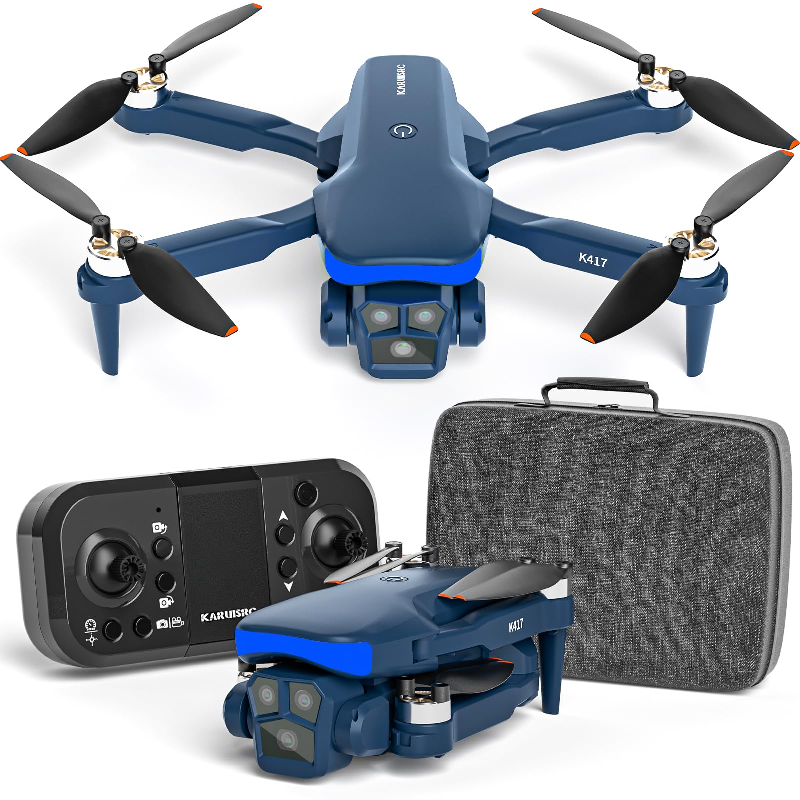K417 Drone con Fotocamera HD 1080P, Regolabile 90°, Luci LED Blu, Posizionamento Ottico, Quadricottero RC FPV Pieghevole, Controllo Gestuale/VR, Decollo/Atterraggio Automatico, Custodia Trasporto