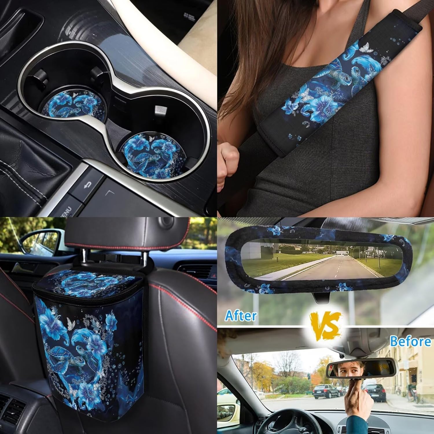 Blue Ssea Turtle Car Aaccessories Full Set of 14 Pcs,Sea Turtle Car Seat Covers Set with Rear View Mirror Cover,Steering Wheel Covers,Car Trash Can with Lid for Women Man,Universal Fit