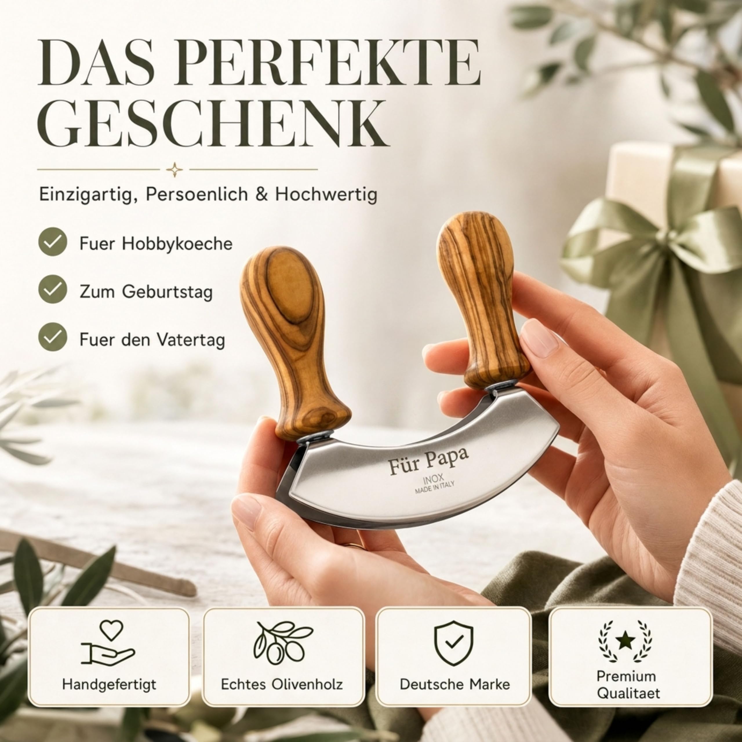 Wiegemesser personalisiert Olivenholz Kräutermesser Geschenk