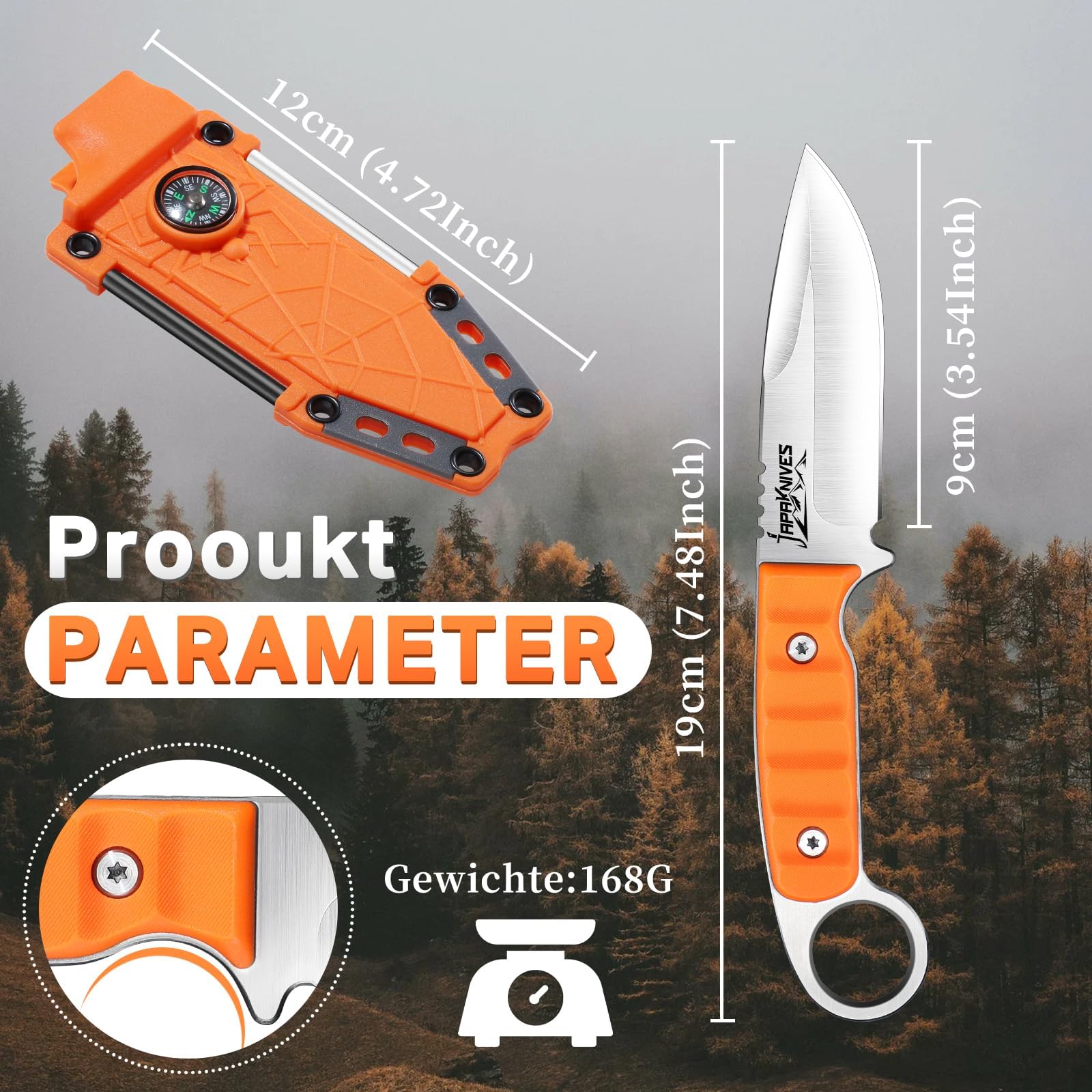 Japaknives Klein Outdoor Messer Feststehende Klinge 9cm Survival Messer G10 Griff Campingmesser für Angeln Bushcraft Wandern Orange