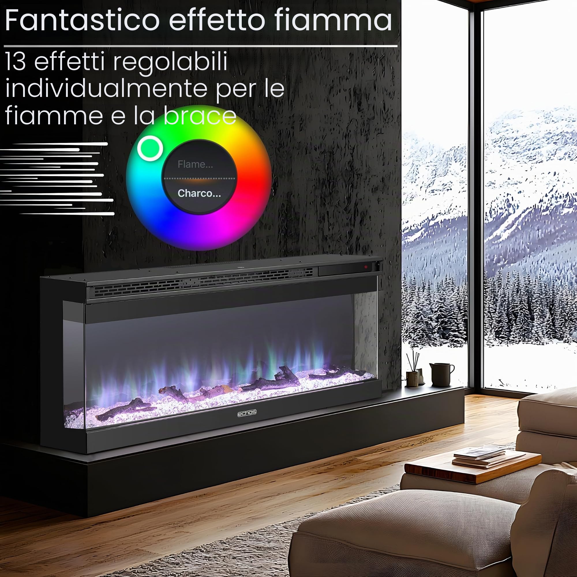 Camino elettrico con riscaldamento, termoventilatore a risparmio energetico, 1500 W, effetto fiamma