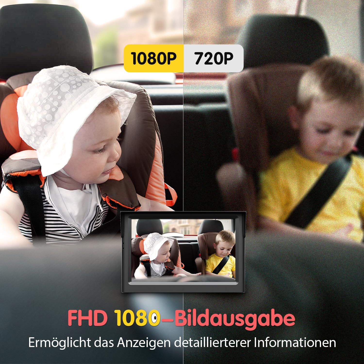 Luckview Baby Auto Spiegel mit 5" 1080P HD Bildschirm und IR Nachtsicht, Baby Kamera Auto Rücksitz mit 3X Zoom, 360° Drehbar, Einfache Installation Rücksitzkamera Display