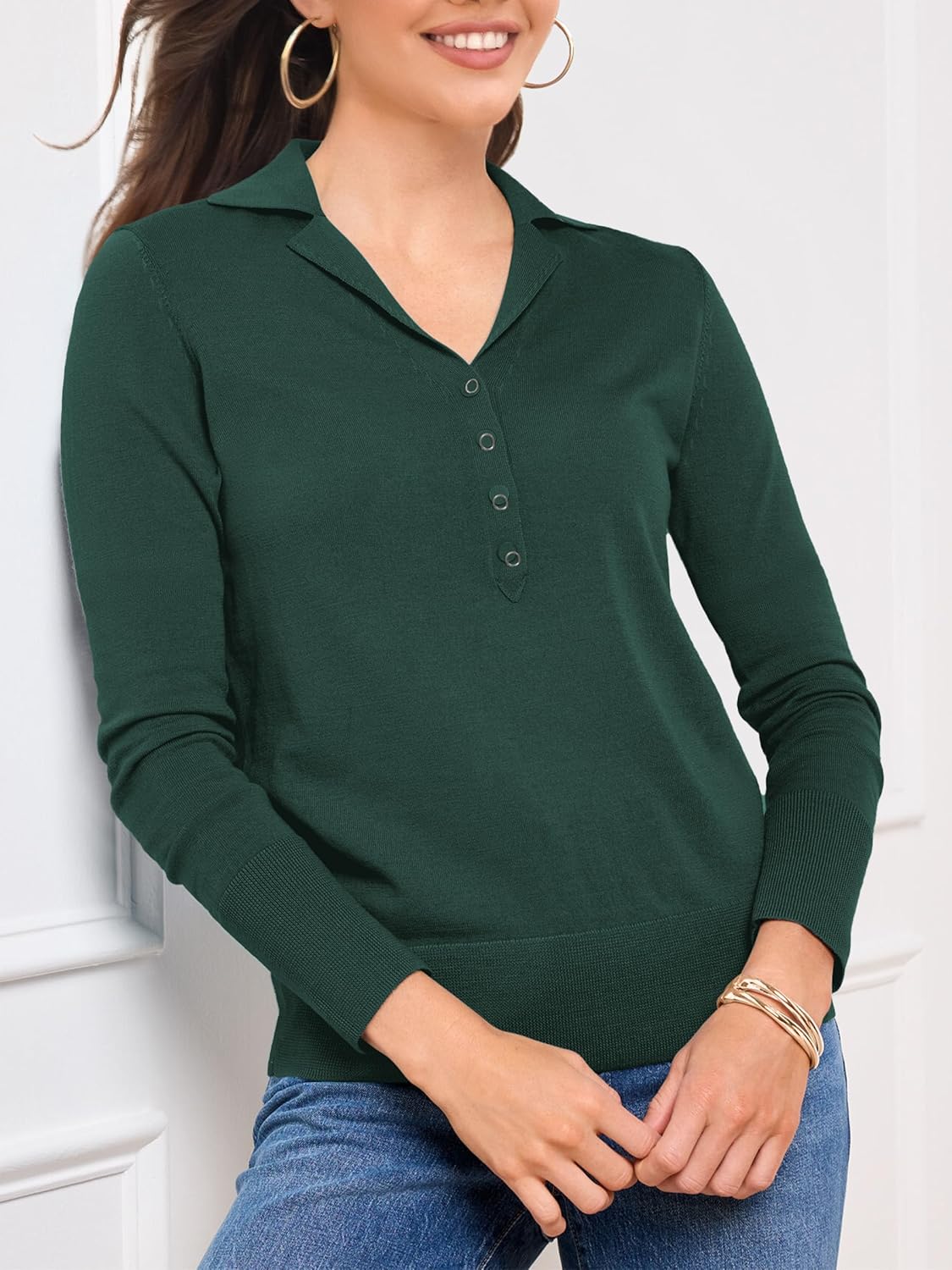 SuperPrity Womens Knit Sweaters V Neck Lightweight Collared Thinner Sweater Casual Long Sleeve Polo Shirts - Image 4