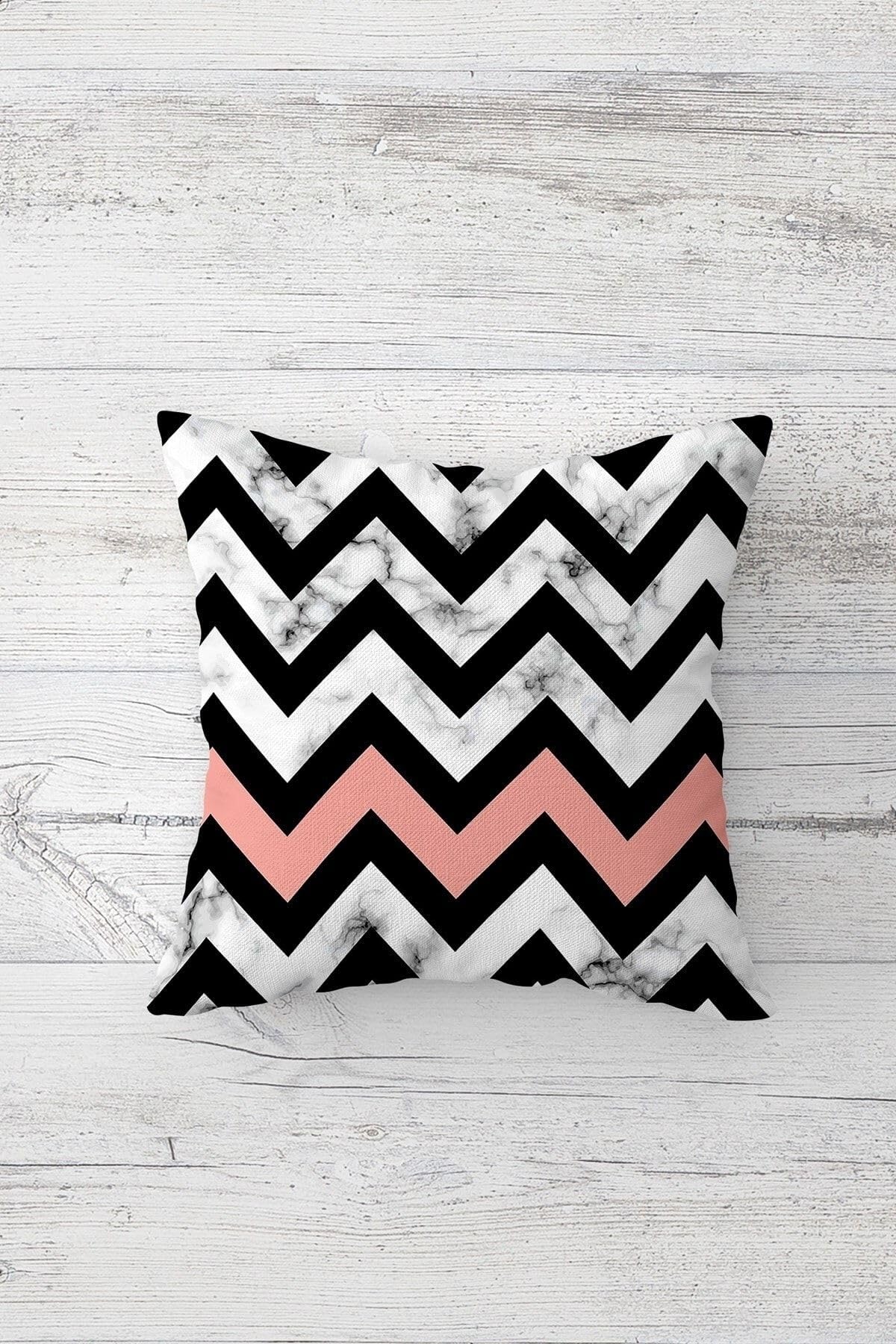 Pelangi Geometrik Zigzag Desenli Gizli Fermuarlı Kırlent Kılıfı Koltuk Yastık Kılıfı Takım(4adet), Pembe-Rose 45 x 45