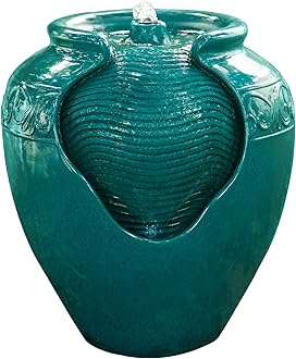 Teamson Home Floor Glazed Pot Water Fountain with Built-in LED Light and Pump for Outdoor Indoor Patio Garden Backyard Decking Home Décor, 17 inch, Teal, Resin, Green, 17" Height