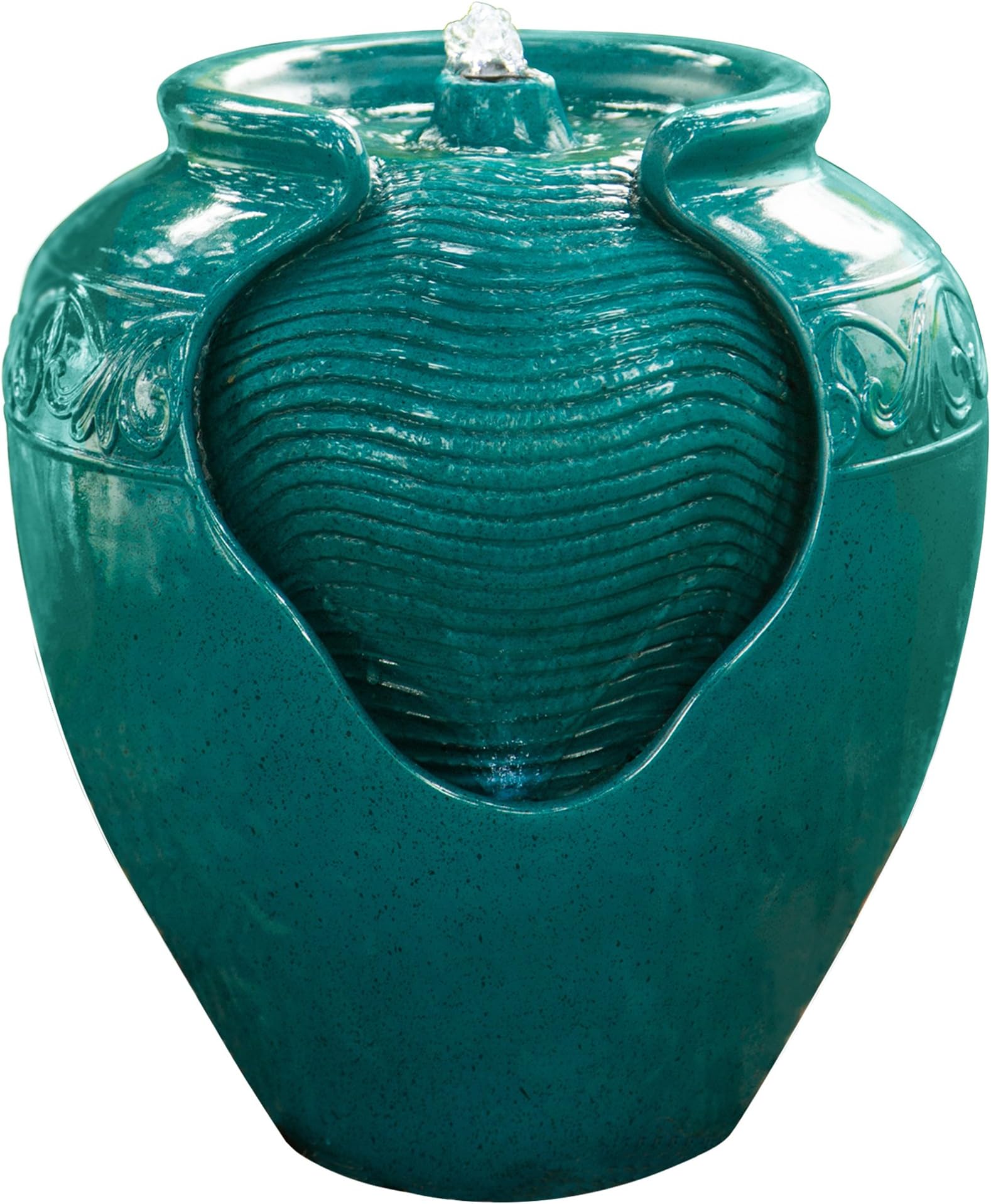 Teamson Home Floor Glazed Pot Water Fountain with Built-in LED Light and Pump for Outdoor Indoor Patio Garden Backyard Decking Home Décor, 17 inch, Teal, Resin, Green, 17" Height