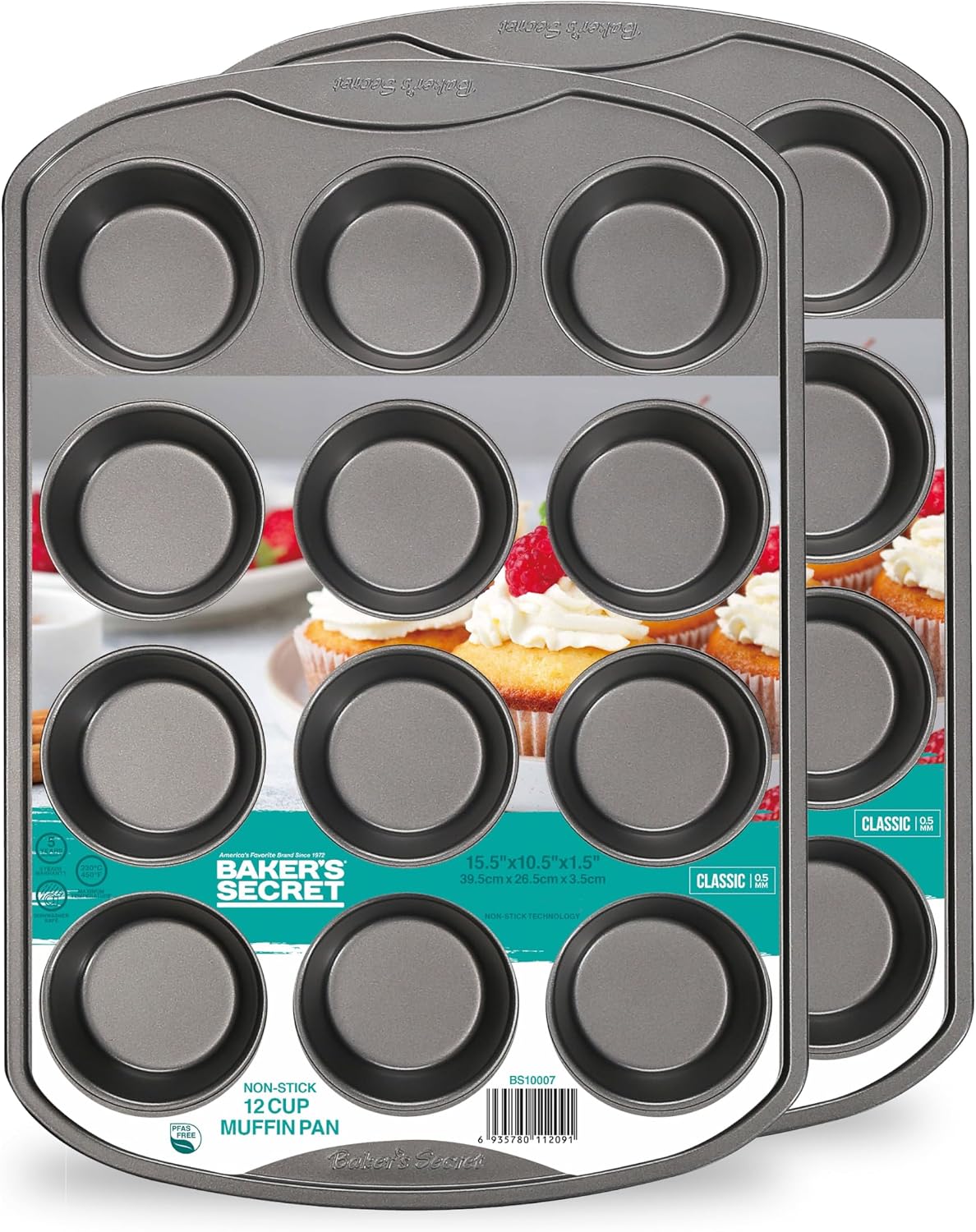 Baker's Secret 2pcs 12cup Muffin Pan Cupcake Nonstick Pan - Carbon Steel Pan for Muffins Cupcakes Non stick Coating Easy Release Dishwasher Safe DIY Bakeware Baking Supplies - The Classic Collection