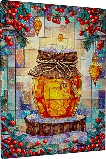 Jar Canvas Kitchen Wall Art, Festive Mosaic Berries Lantern Christmas Yellow Wall Paintings Prints Hanging Art Home Dining Bathroom Cubicle Restaurant Decor 12x16 Inch