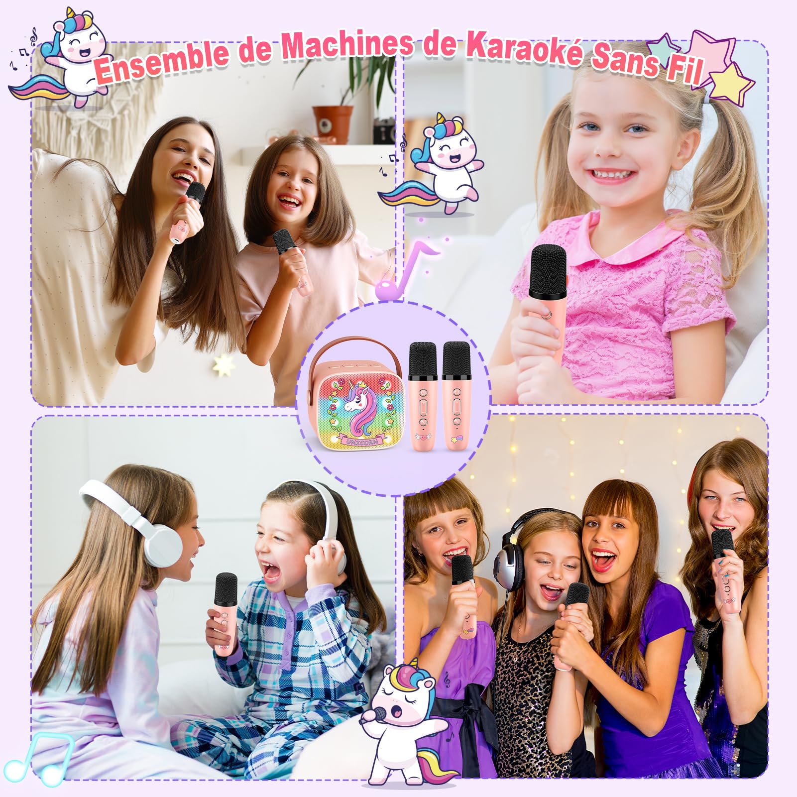 Dislocati Micro Karaoke Enfant avec 2 Micro sans Fil Bluetooth, Cadeau Fille 3-12 Ans Microphone Karaoké Jouet Fille 3-12 Ans Micro Enfant pour Chanter Fille Cadeau de Noel Enfant Licorne