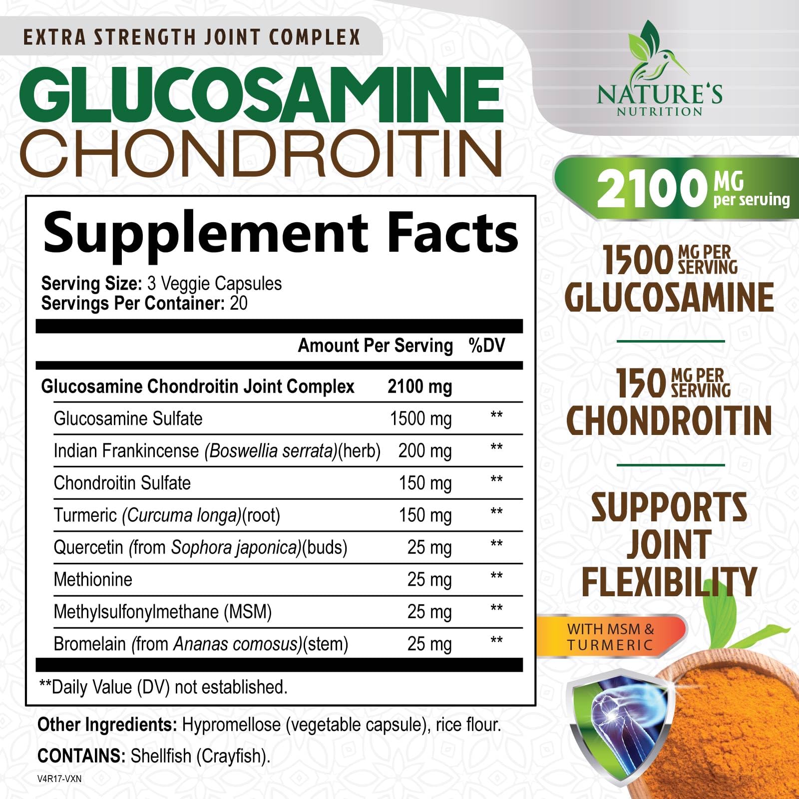Glucosamine Chondroitin MSM 2100mg - Joint Support Supplement for Joint Mobility & Cartilage Support For Men and Women - Glucosamine Supplements with Turmeric & Boswellia, USA Bottled - 60 Capsules — Amazon image 2