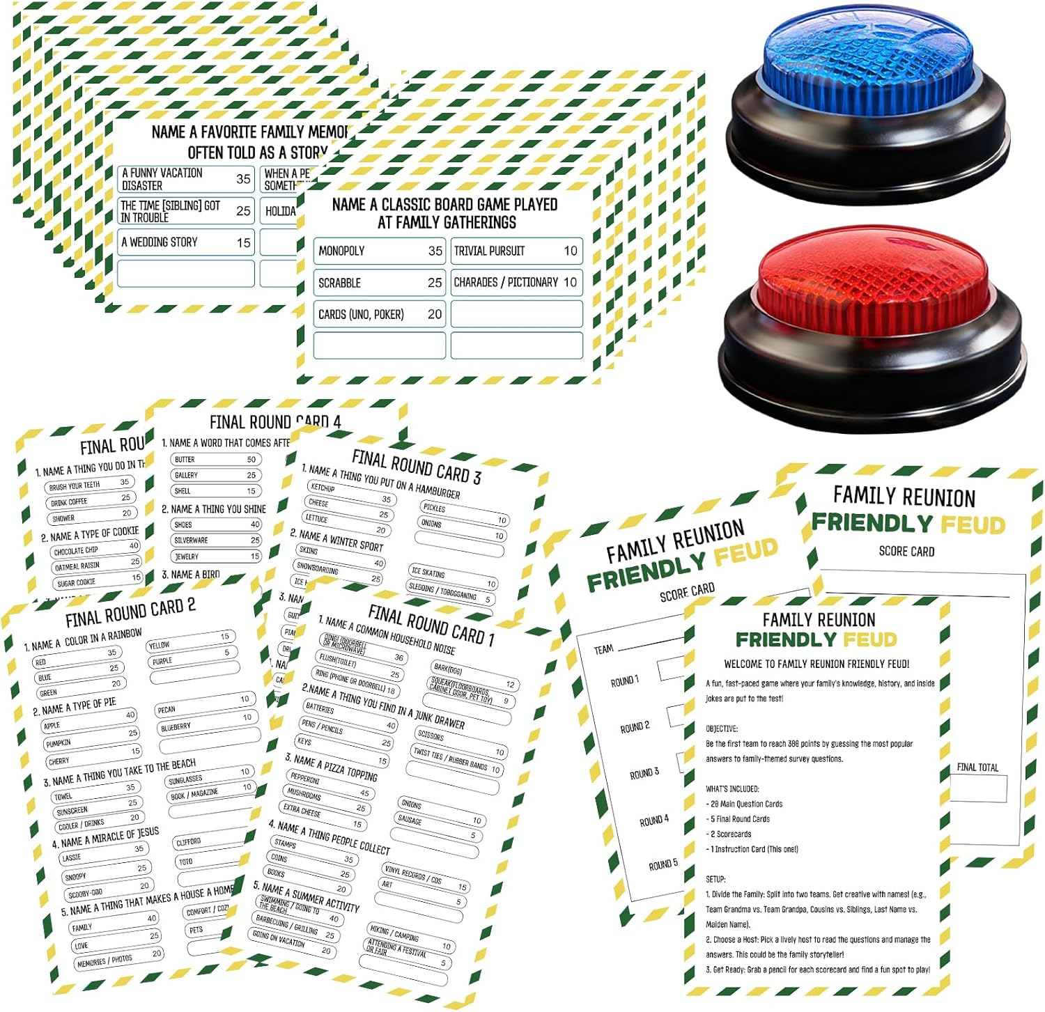 Family Friendly Feud Card Game with 2 Answer Buzzers,Family Reunion Game Night Fun Trivia Quiz for Holiday Gathering Party Office Class Groups Team Building