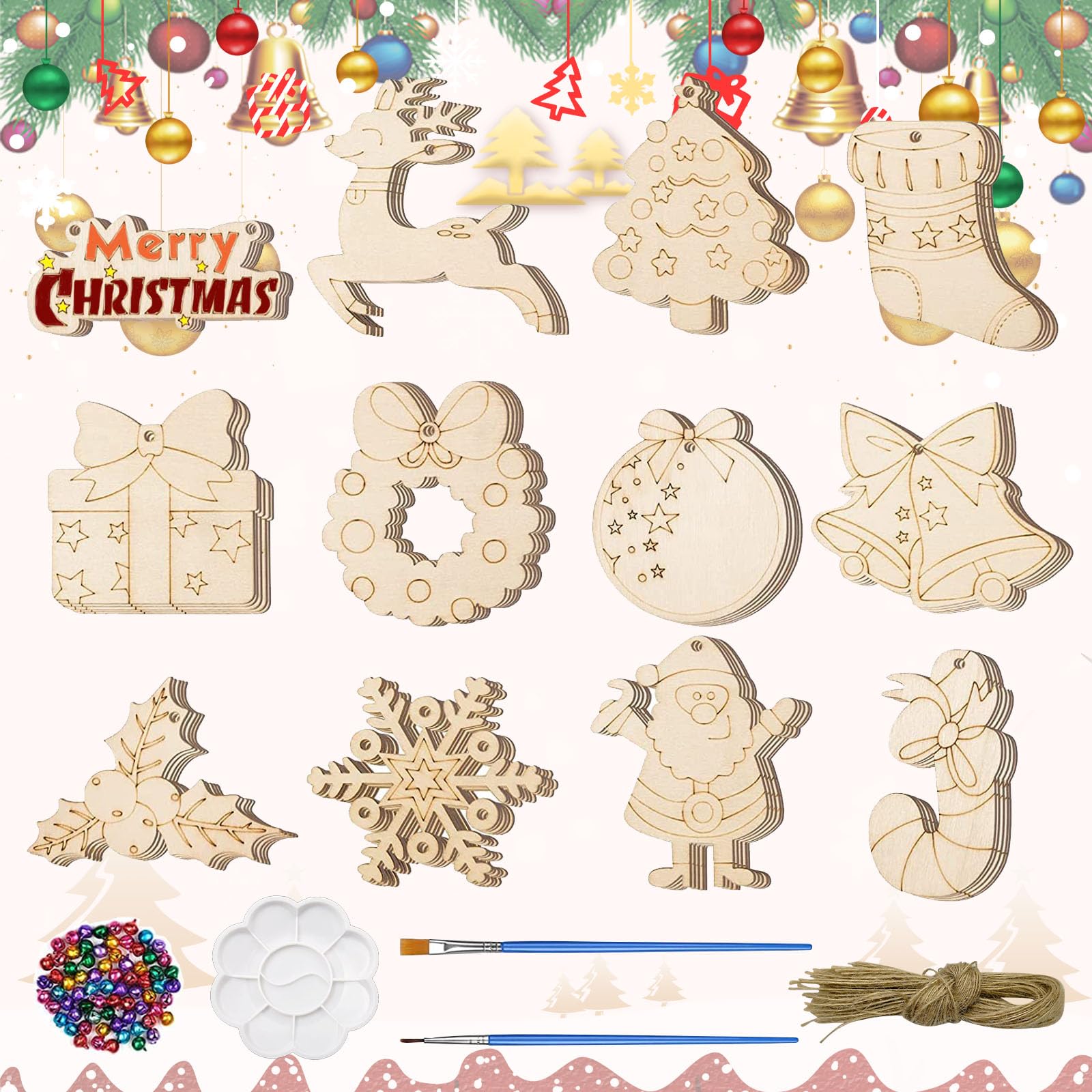 JPGhaha 60 Piezas árbol de Navidad Colgantes de Madera, Bolas de Madera con Agujeros, Discos de Madera sin Pintar con Cuerda, DIY decoración de Navidad Campanas de Colores de Madera para los niños