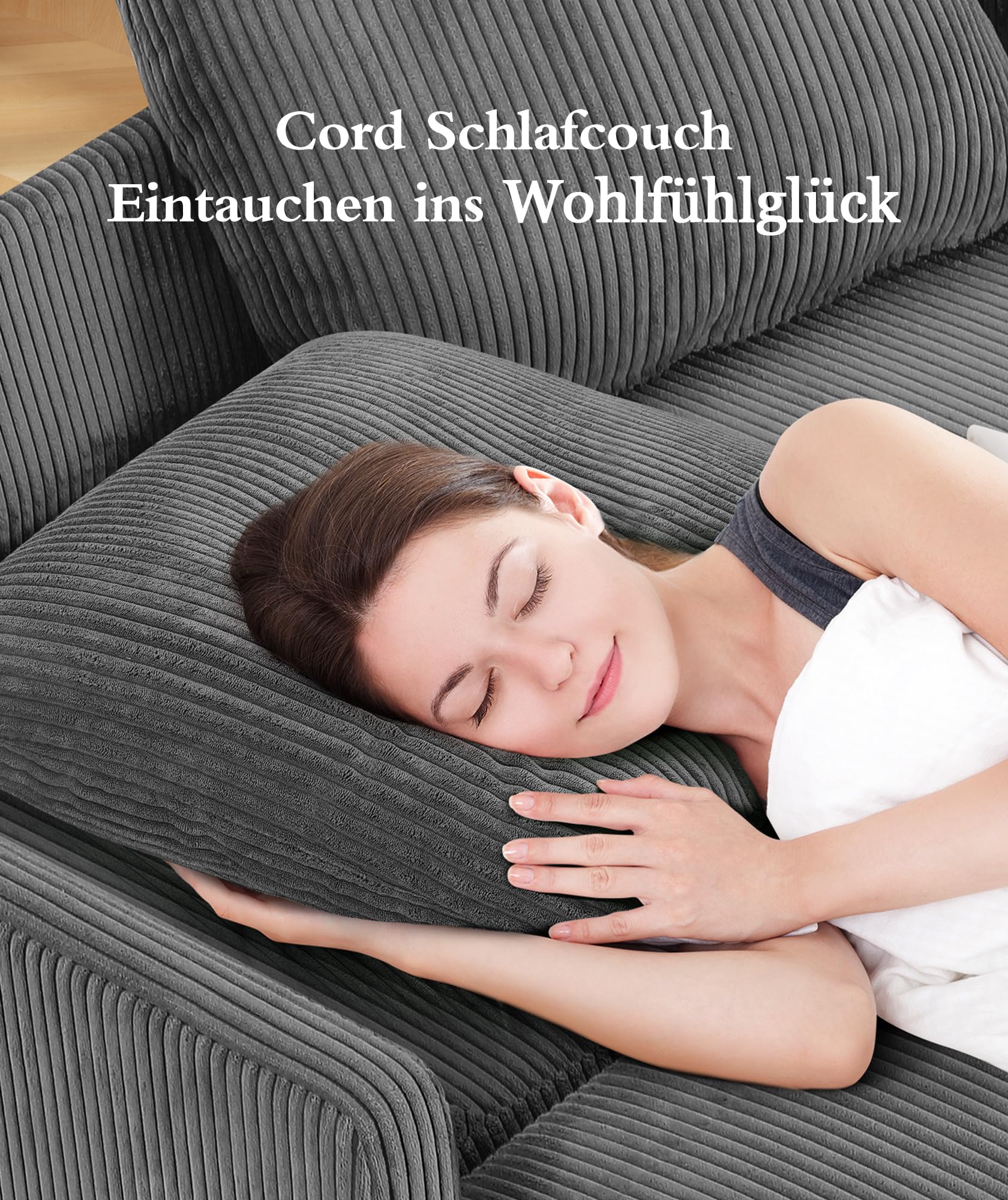 Domusensus Schlafsofa, 120CM Cord Sofa mit Schlaffunktion, 2 Sitzer Sofa | Schlafcouch 53CM Extra Tiefe Sitze, Couch mit schlaffunktion, Klein Sofa 2 Sitzer, Schlafzimmer Sofas fürs Büro 2 Kissen,Grau