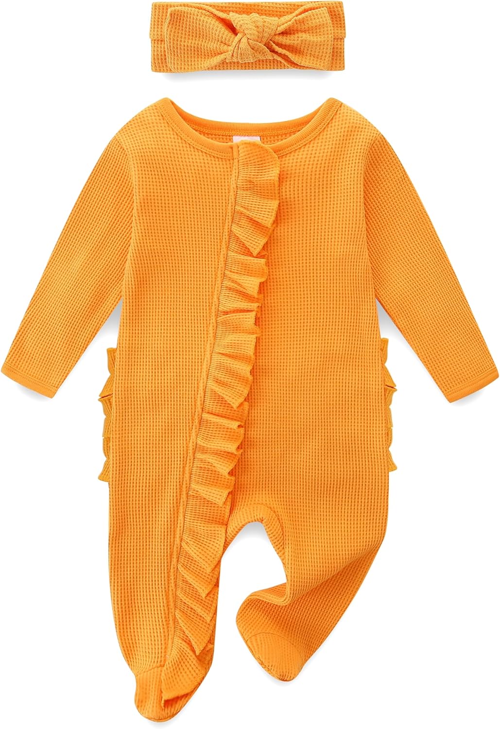 Newborn Baby Girl Ruffle Footie Romper Fall Winter Spring Coming Home Outfit One-piece Knit Jumpsuit with Bow Headband Newborn Baby Girl Ruffle Footie Romper Fall Winter Spring Coming Home Outfit One-piece Knit Jumpsuit with Bow Headband