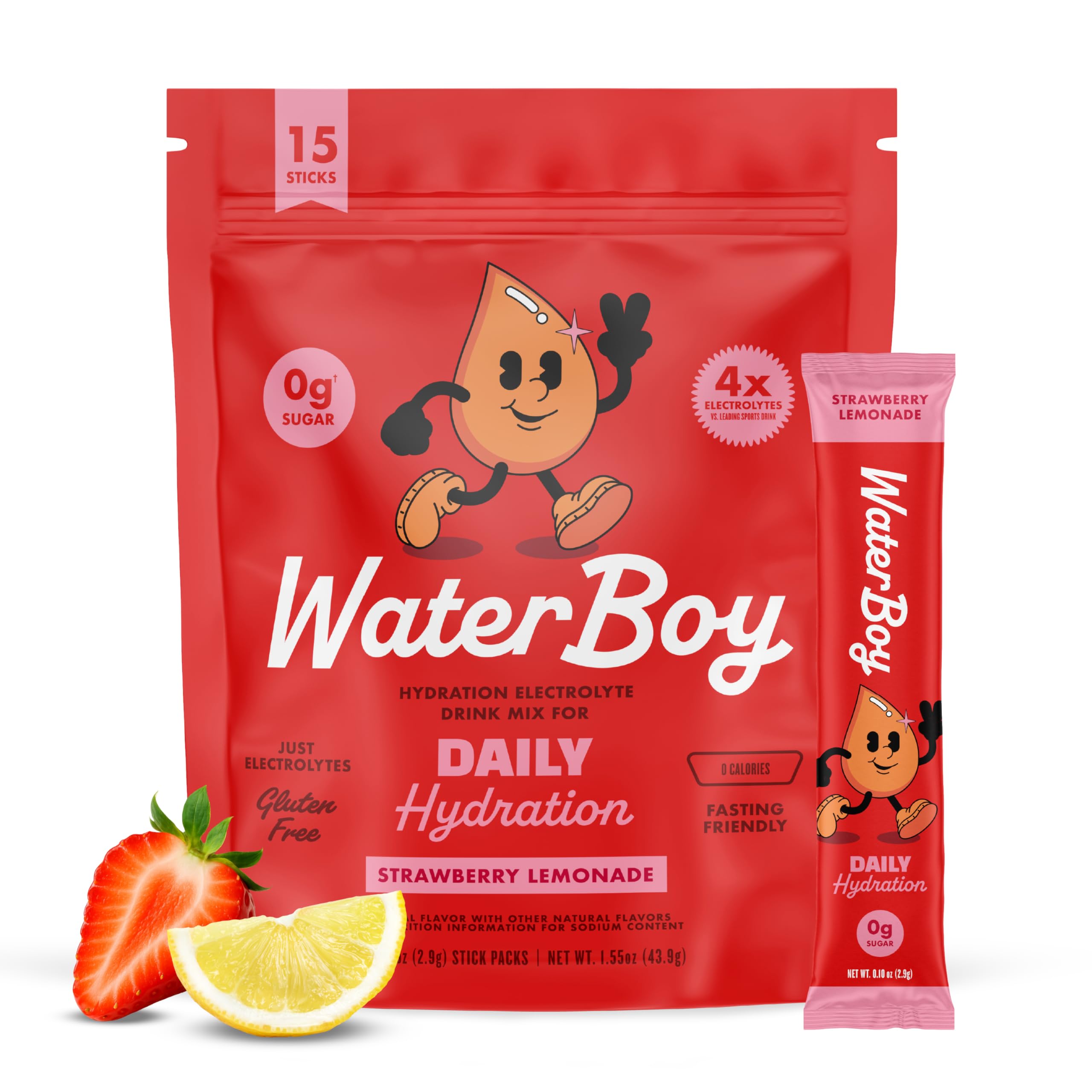 Daily Hydration | 1,570mg Electrolyte Powder Packets | No Sugar, All Natural, Gluten Free, Zero Calories | 15 Drink Stick Mixes (Strawberry Lemonade)
