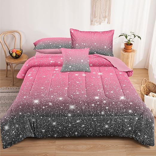 AZAWALLA 5Pcs Girls Bedding Sets Twin Size,Gradient Glitter