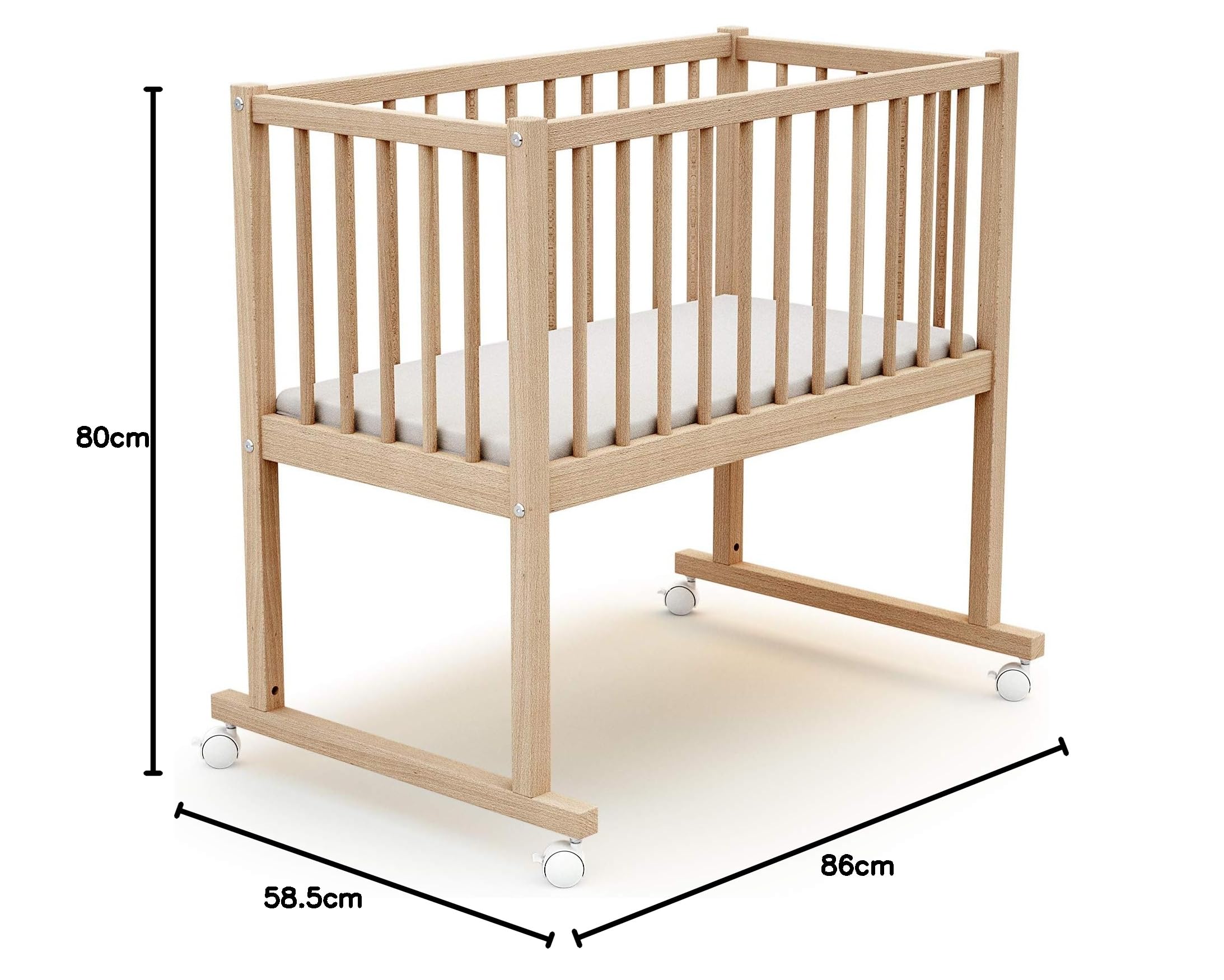 AT4 - Berceau 40x80 NOA Hêtre Brut| 86 x 58,5 x 80 cm | Matelas Inclus 40x80x5cm | 4 Roues multidirectionnelles | Facile à déplacer