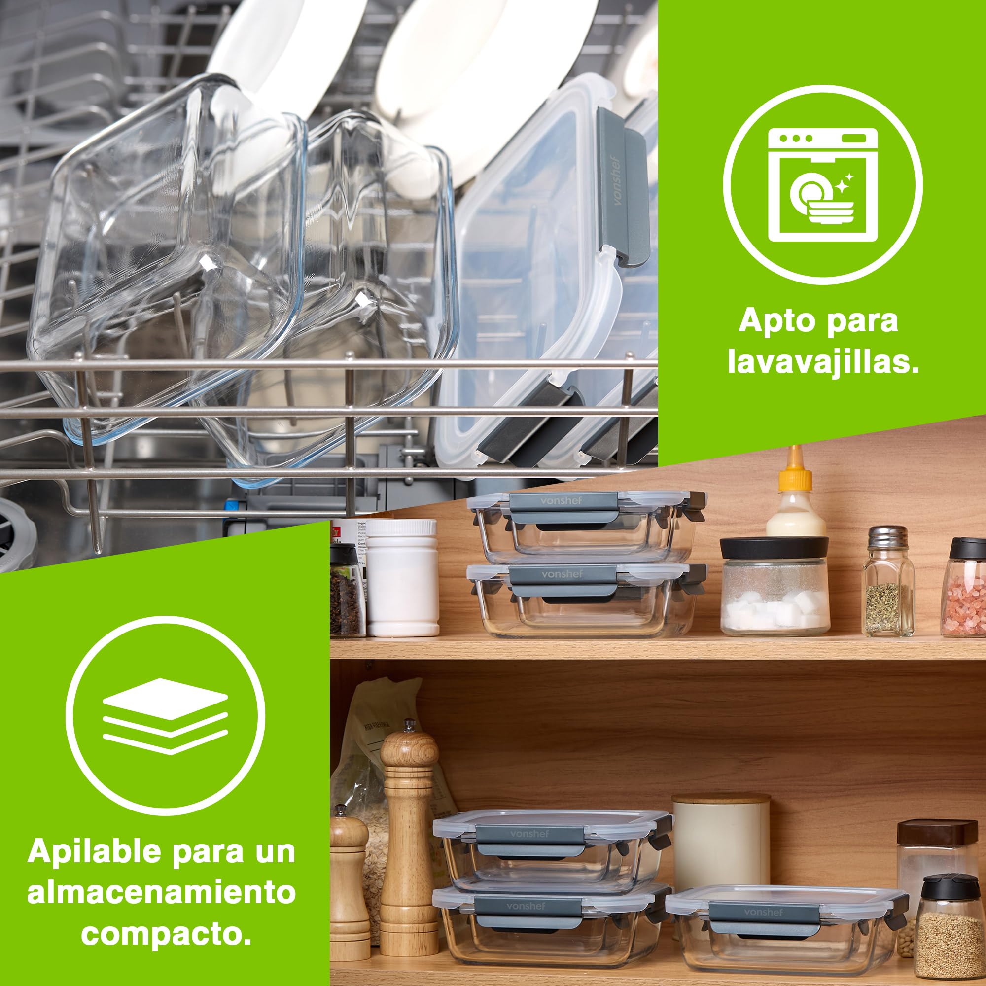 VonShef Contenedores de vidrio tapas – set de 10 cajas para meal prep de 1 L y 370 ml, aptos para horno y lavavajillas, cierre hermético a prueba de fugas, ideal para batch cooking