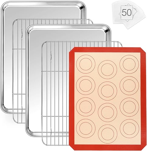 Mini bandejas de horno tostador de 9 pulgadas con alfombrilla para hornear, 55 piezas de sartén pequeña de acero inoxidable P&P CHEF y estante de