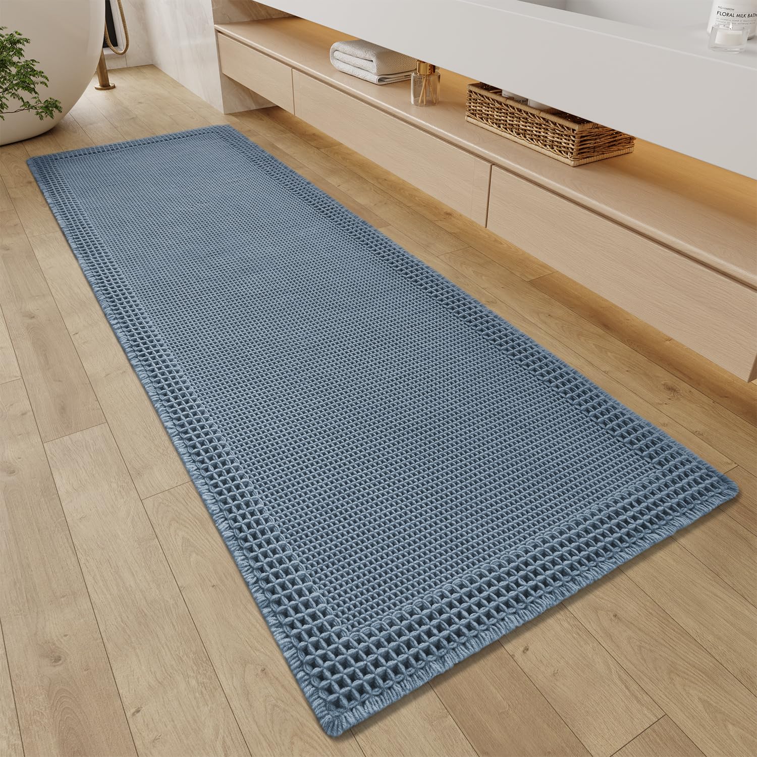 RESARE Waffle Bathroom Runner Rugs, Super Absorbent Bath Mat Non Slip Washable Quick Dry, Upgraded Ultra Soft Boho Bath Rugs with Tassels for Hallway