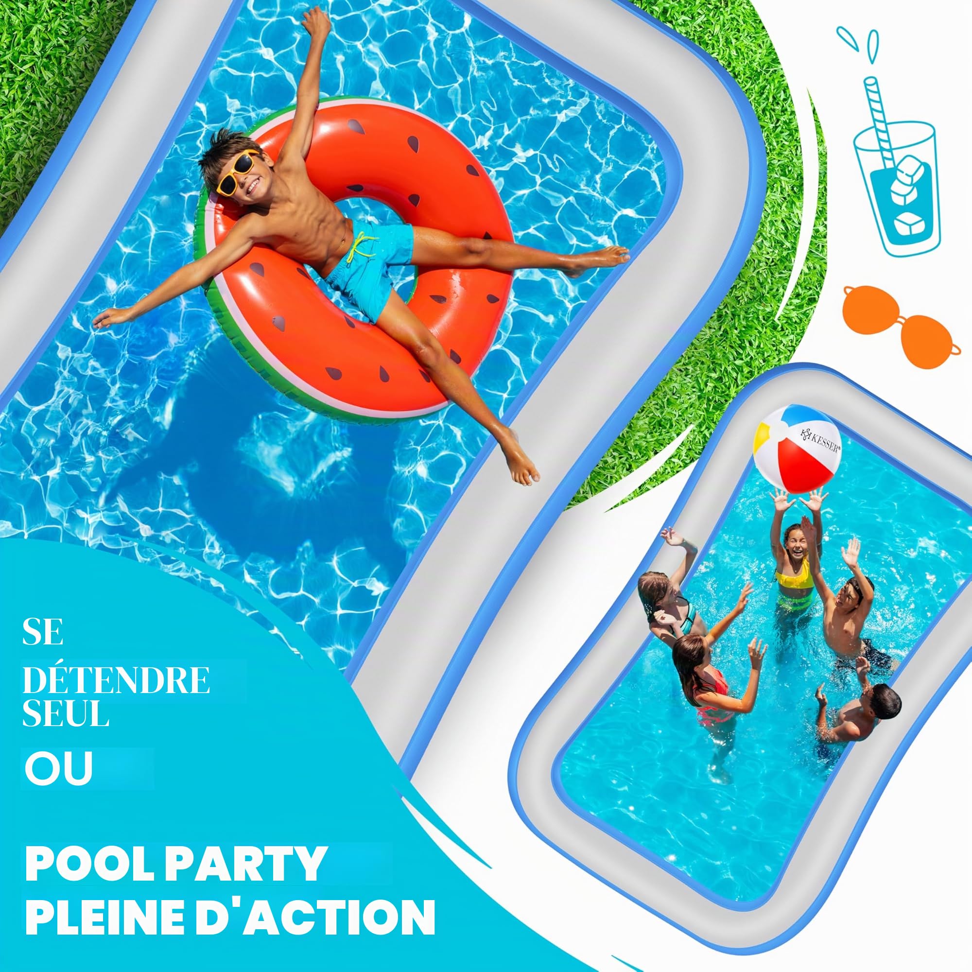 KESSER® Piscine Gonflable Familiale pour Enfants et Adultes, Rectangulaire Bleu Clair, 240x142x56 cm, 613 litres, Adaptée aux Enfants, Trous de Drainage