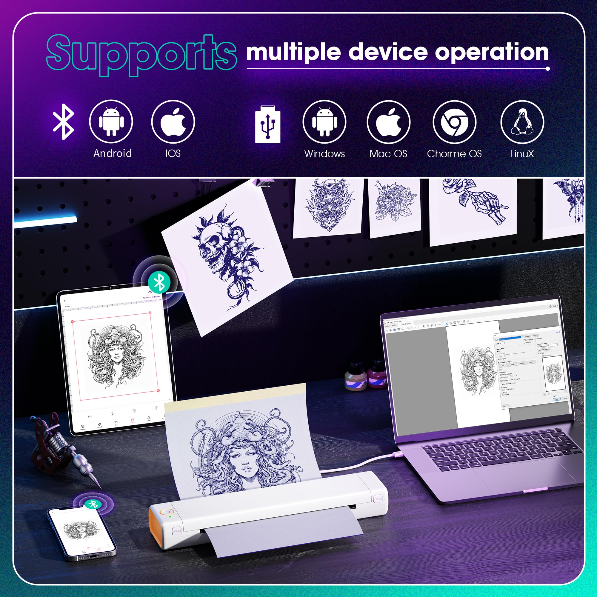 Tattoo Drucker Stencil Drucker mit 10 Blatt Stencil Papier für Tattoo Maschine Set, Thermodrucker Tattoo Kompatibel mit IPad & Telefon & PC für Tattoo Künstler und Anfänger DIY Tattoos, Weiß