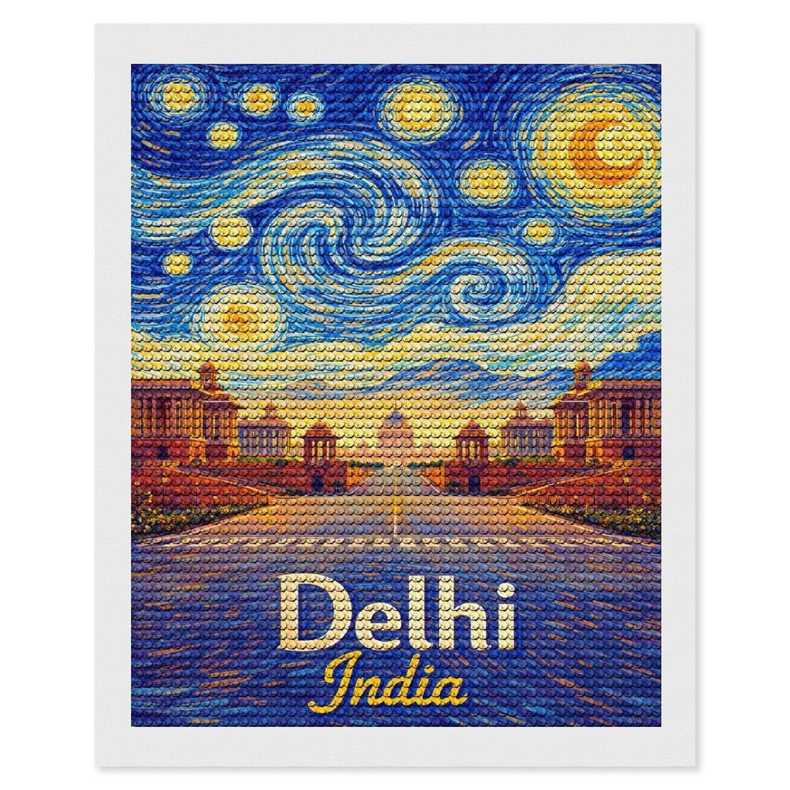 Junmoney Delhi India Starry Night DIY Diamond Art Canvas Kit 16"x20", Farmhouse Decor, Vintage Style Decor, Handmade Wall Decor, Canvas Picture